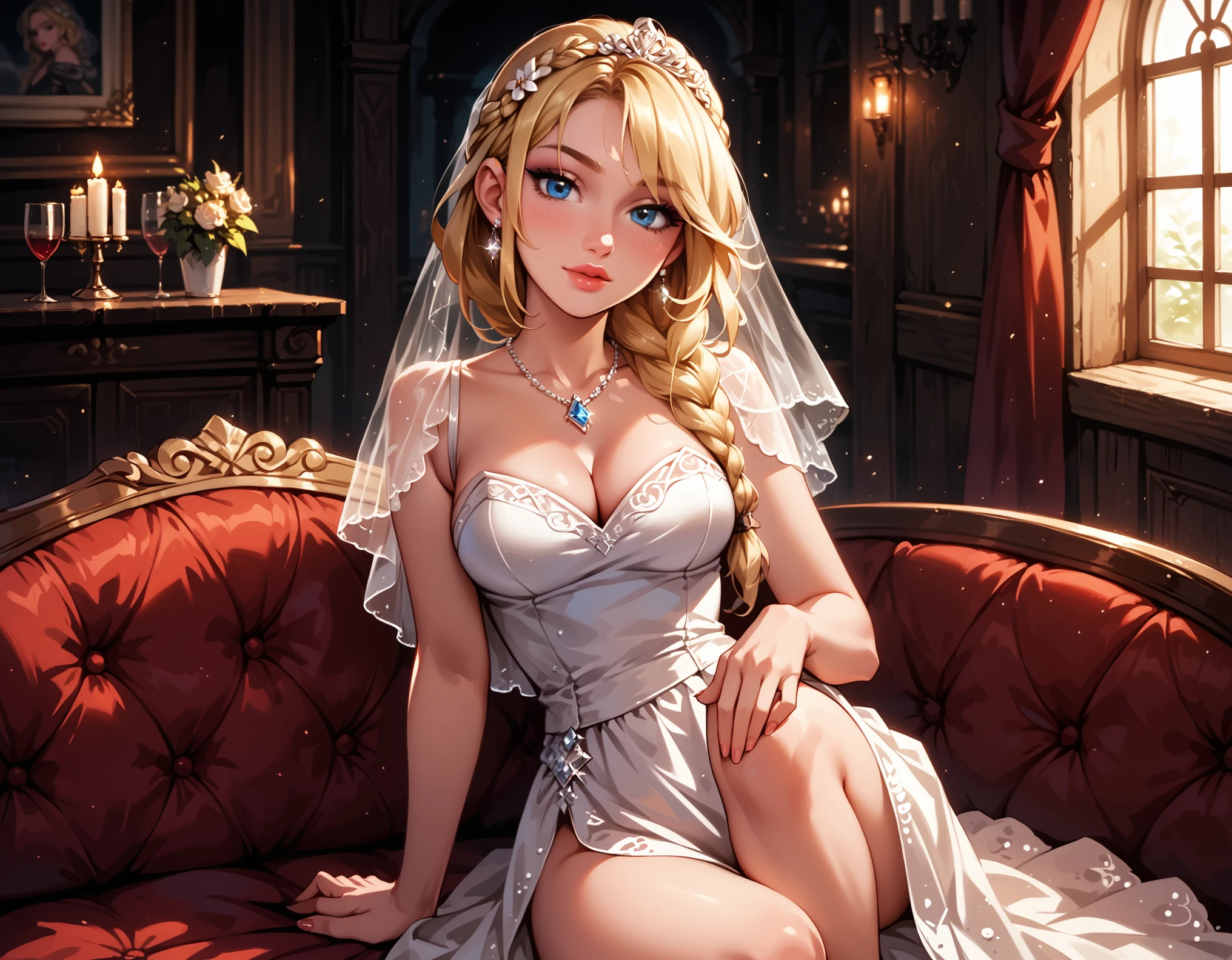 Dark Fantasy Art of score_9, score_8_up, score_7_up, rating_questionable, fantasy, lighting, cinematic film still, epiCPhoto, 1girl, solo, very sexy (ASTRIDHOFFERSON, blonde hair, braid, Long hair, blue eyes:1.2), sexy wedding dress, cleavage, flirt, gaze, sexy look, half-closed eyes, head tilt, filled lips, thick lips, makeup, in the living room, on the couch, one leg up, thigh, dark, moody, dark fantasy style, (dark outside, dimly lit:1.3), shallow depth of field, vignette, highly detailed, high budget, (ultra-detailed), (best illustration), (best shadow), (absurdres), (detailed background), (very aesthetic).