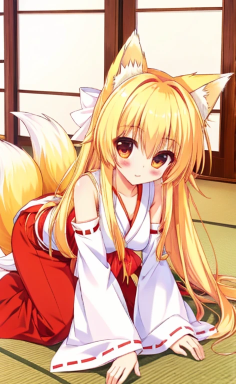 Beautiful long blonde girl　miko　Fox Ears　Fox Tail　shrine　On all fours