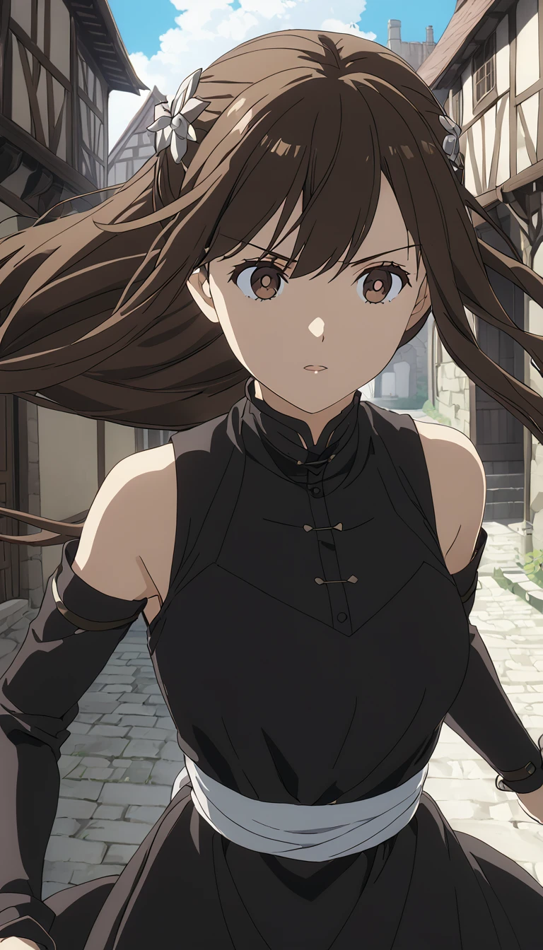 Make eye contact,
alone,
Anime Screen Capture,
Run,One girl,brown hair,Double Bang,Brown eyes,hair_decoration,
Black Dress,[Bare shoulders,
Medieval town,