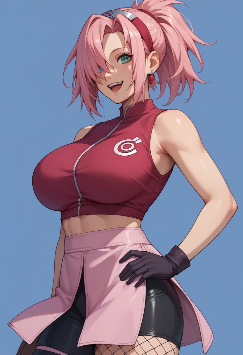 score_9, score_8_up, score_7_up,score_6_up, score_5_up, score_4_up , 1girl, solo, huge breasts, 1girl, haruno sakura, pink hair, short, hair, green eyes, forehead protector, sleeveless, red shirt, bike shorts, shorts, black gloves, yamanaka ino, hair over one eye, ponytail, hairclip, blue eyes, purple crop top, sleeveless, purple skirt, fishnets, earrings, happy, cowboy shot, simple background