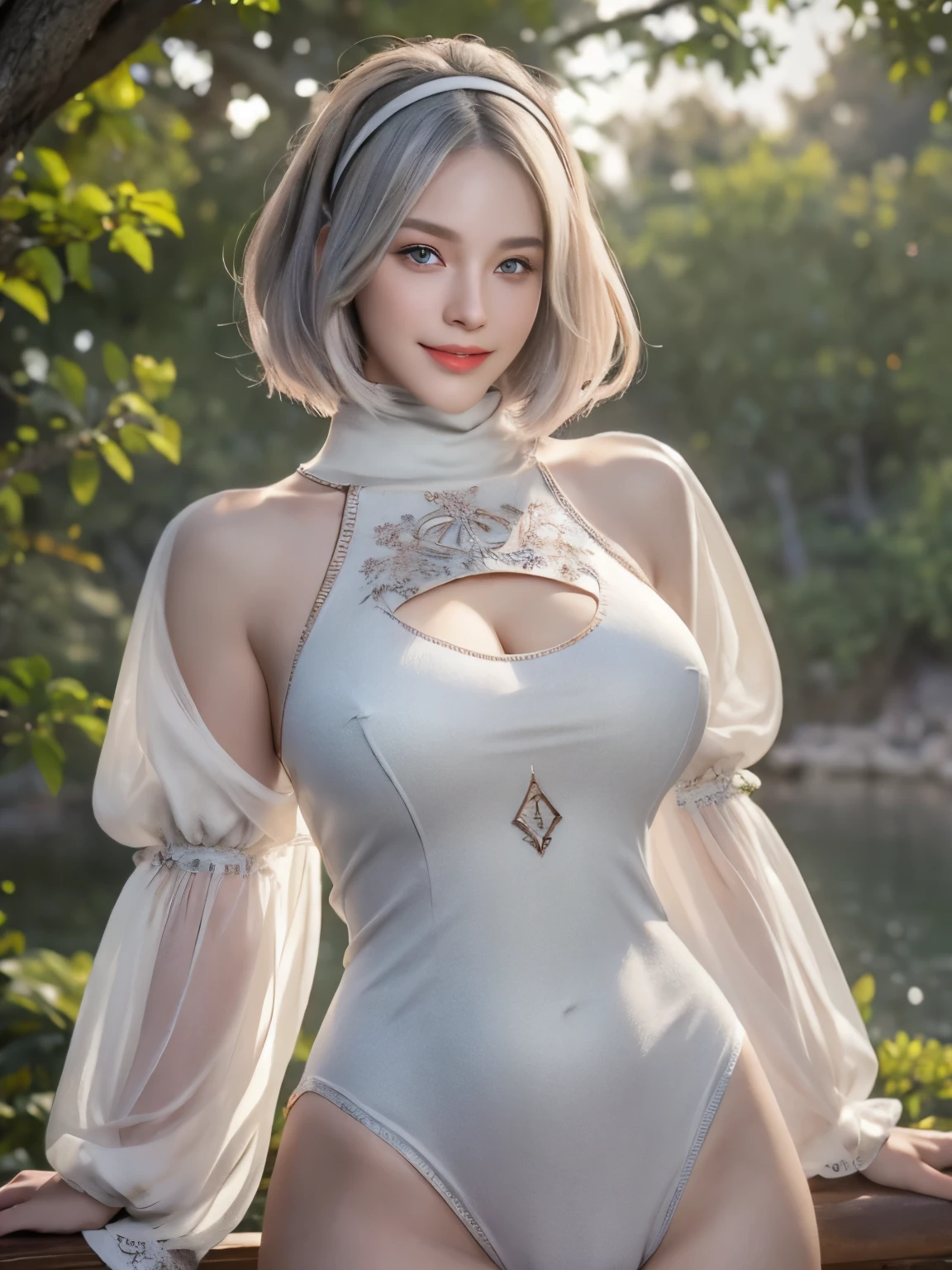  nier automata,  sitting on lake, stones, beautiful trees,  gold ornaments, bracelets,  beautiful blue eyes, smiling happily, giving a pose, beautiful teeth,happy face,pino cheeks, highest resolution, best quality,8k resolution, hands on hairs, smooth face,filmy photography,pink trees,pink petals, pink blossoms,high saturation image, onepiece ship,ethic photography, marvelous scenery,view from top of the mountain, beautiful sunset, rainbow 、 show nipples, show vagina, spread legs, Realistic, Photorealistic,cowboy shot,  white skin, and a soft face, (best quality, highres:1.2), 1girl, beautiful detailed eyes, beautiful detailed lips, extremely detailed eyes and face, long eyelashes,  HDR, studio lighting,  sharp focus, physically-based rendering, extreme detail description, portraitig breasts, perfect shape,  facing viewer, sweaty, gorgeous, appearing in full frame, sleeveless turtleneck, ***ung girls, good-looking, One Girl, Wow,   Dress cutout, Old Western castle street background, Hair between the eyes, head band,  High resolution, Juliet Sleeve, Long sleeve, nier (series), Fluffy sleeves, Red lips, Lips with raised corners of the mouth, Smiling Lips, Shadow Face, short hair, alone, Turtleneck sweater,  l Blue-white silver hair, zero、{{masterpiece、highest quality、(((Realistic、Realistic:1.37)))、8K quality、very detailed and beautiful、 a very impressive expression、 Very detailed}},,(((wide hips))), toned body, detailed eyes,、