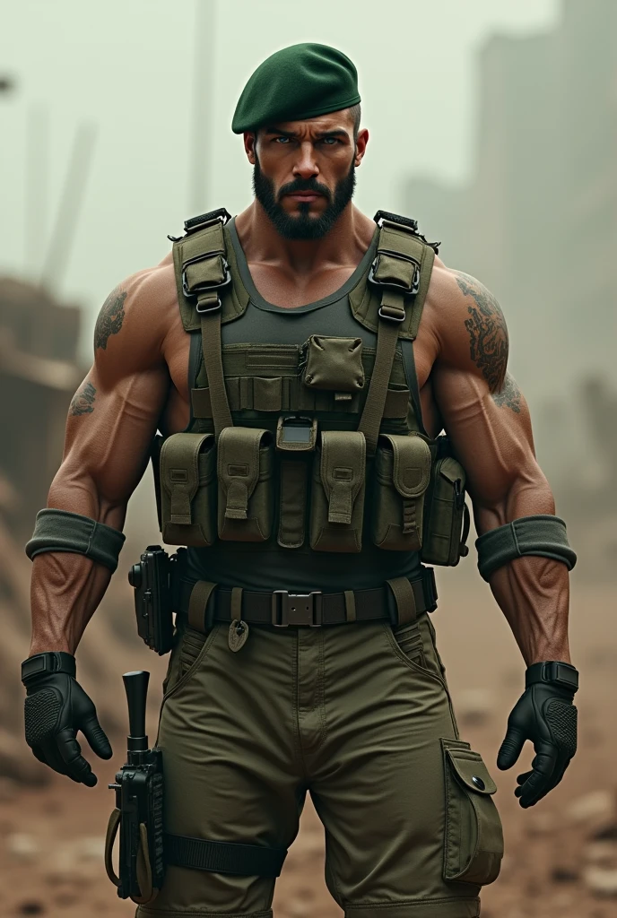 A very handsome big muscular man wearing a soldier combar uniform, with tactical gloves and spec ops green beret, rolled up sleeves, showing biceps, background a battlefield