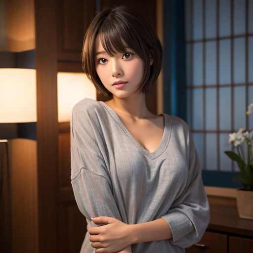 A Japanese girl with oversized gray v neck shirts, at night, brown short cut hair, selfie, (Larger breasts : 0.8), jeans, 1girl, Surrealism, relax in her room, high detail, Realism, UHD, super detail, textured realistic skin, high details, high quality