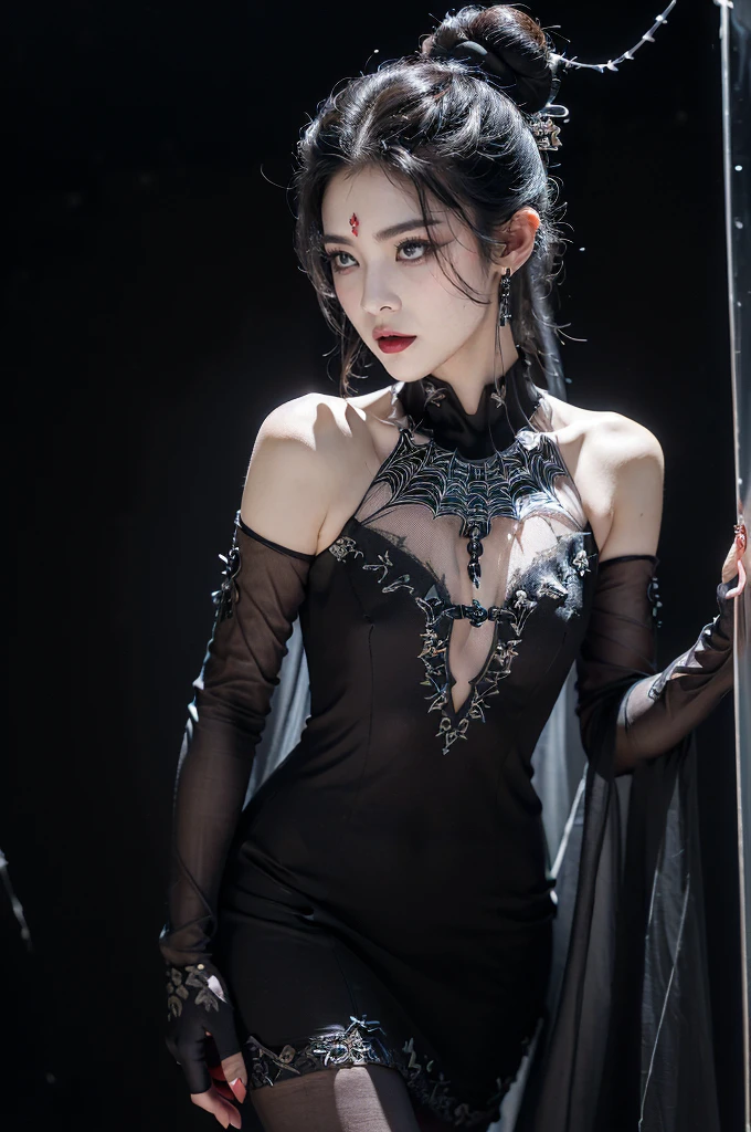 Female Supay in the Depths of the Underworld: Female Supay is depicted deep within the underworld, surrounded by spirits and souls of the dead. Her dress is made of dark, flowing fabric that seems to blend with the shadows, and her expression is one of calm authority. She stands atop a throne of bones, ruling her domain with an iron will. (having beautiful breasts: 1.33), (having clothes: 1.77).