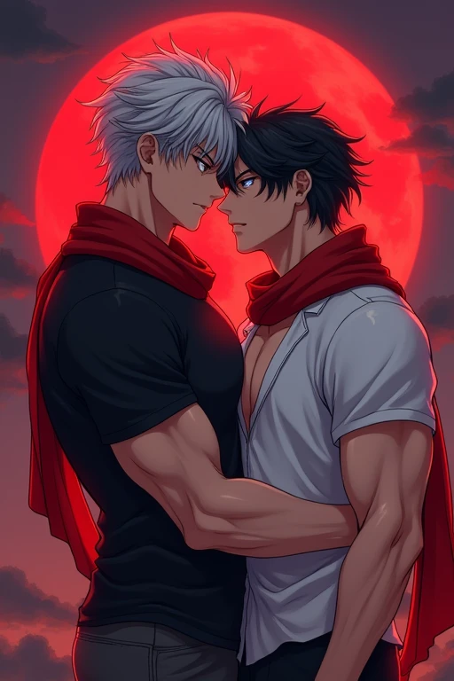 4k, very detailed, hd, Gojou Satoru, white hair, blindfolded eyes, Fushiguro Megumi, black hair, green eyes, Jujutsu Kaisen, handsome, 2 gay man together as a couple, dressed in a loose black and white coat, black leather gloves, a silver crucifix necklace, window, red curtains, moon, petals, roses,