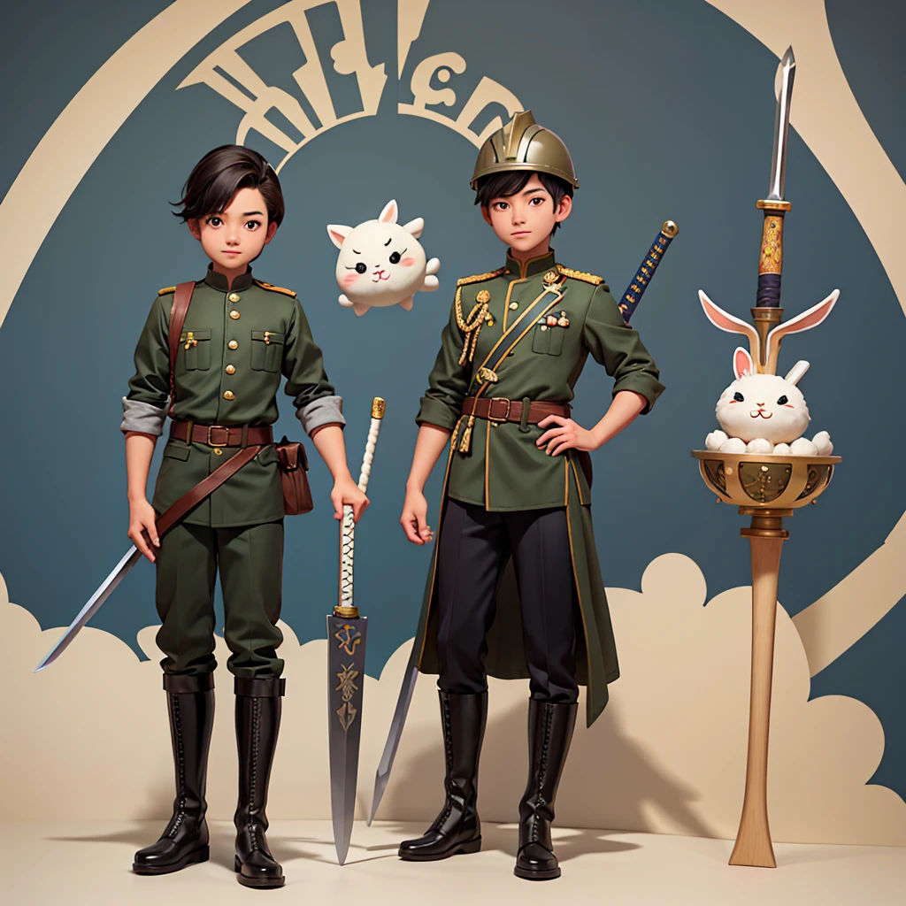 mid-autumn festival，A boy and a rabbit in military uniforms，Has a belt，Have a helmet，There is a sword，Have military boots，have a shield，There is a sword