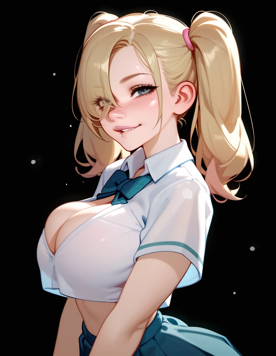 score_9,score_8_up,score_7_up,score_6_up,score_5_up,score_4_up,1girl, pretty girl, highly detailed face,blonde hair, in twintails, hair over 1 eye, cute nose. biting lip, seductive, pink lips, freckles, school uniform, cleavage, skirt, breast focus,side view,upper body,big breasts,wide hips,big ass,bubble ass,athletic legs,juicy ass,seductive sexual pose,uncensored, black background, hard shadows
