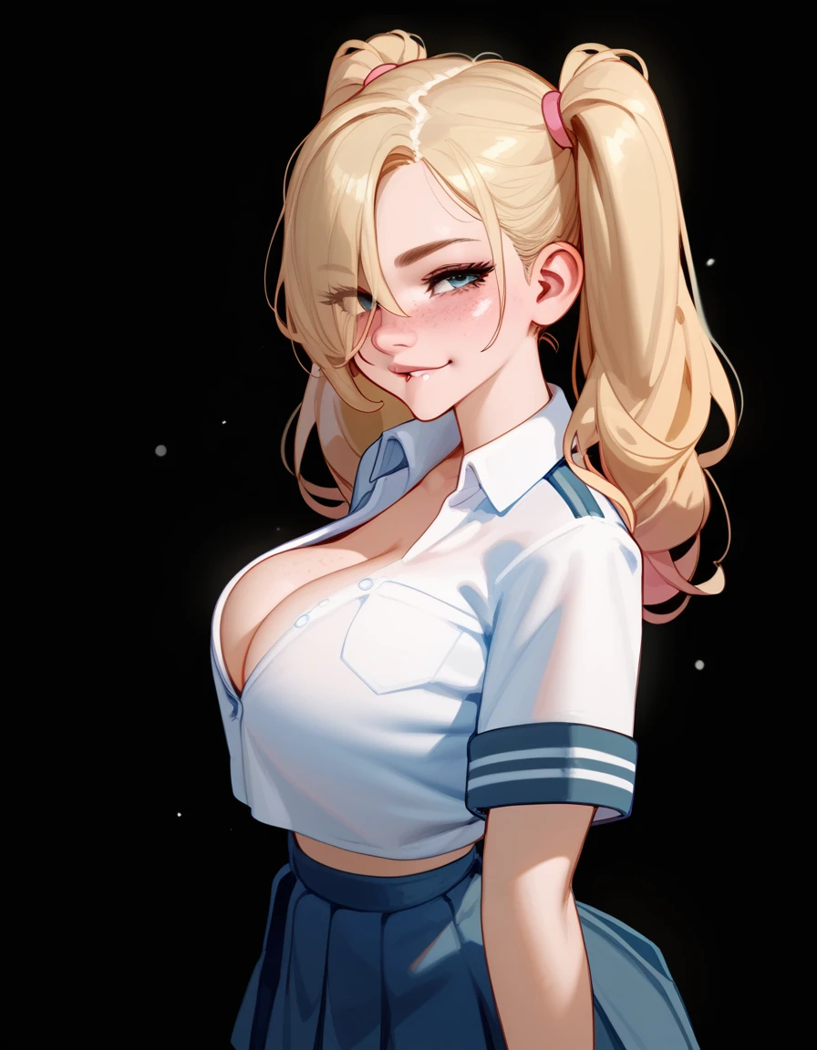 score_9,score_8_up,score_7_up,score_6_up,score_5_up,score_4_up,1girl, pretty girl, highly detailed face,blonde hair, in twintails, hair over 1 eye, cute nose. biting lip, seductive, pink lips, freckles, school uniform, cleavage, skirt, breast focus,side view,upper body,big breasts,wide hips,big ass,bubble ass,athletic legs,juicy ass,seductive sexual pose,uncensored, black background, hard shadows
