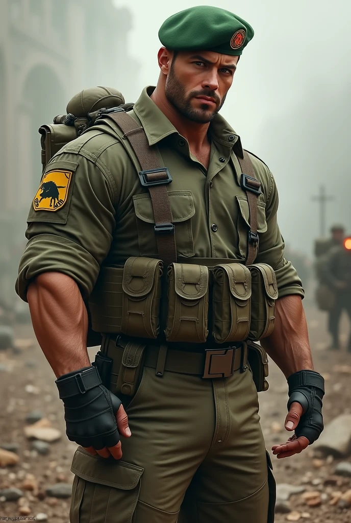 A very handsome big muscular man wearing a soldier combar uniform, with tactical gloves and spec ops green beret, rolled up sleeves, showing biceps, background a battlefield