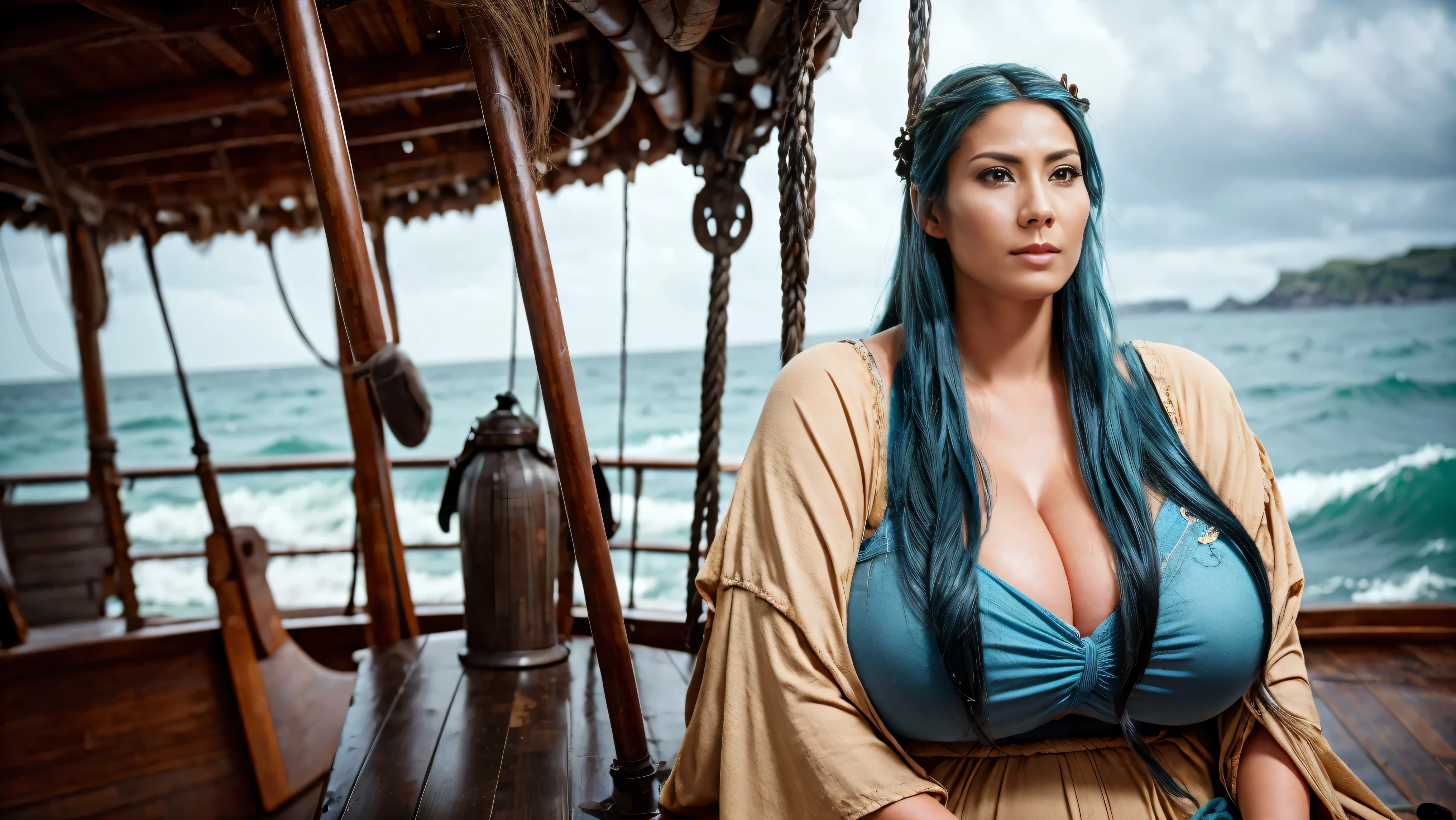 Glaring at the front camera, background:Rough seas and inside the ship, Pregnant women, Has very long blue hairMature woman, Viking Milf, Valkyrie armor,, Large Breasts, face, Detailed body, Attractive body, Perfect human body, Plump, (Ultimate Quality, masterpiece, High resolution:1.0), (photoRealistic, Realistic:1.9), Saggy Large Breasts, Saggy Large Breasts,  (Proudly:1.3), (Thighs Thighs Thighs Thighs:1.6), (Hip:1.5), Very plump body, Pregnant women,Has very long blue hair, Viking, Viking, Pregnant women, background:Rough seas and inside the ship, Mature woman with very long blue hair, Viking,  Has very long blue hair, Viking, Valkyrie armor,Glaring at the front camera, 