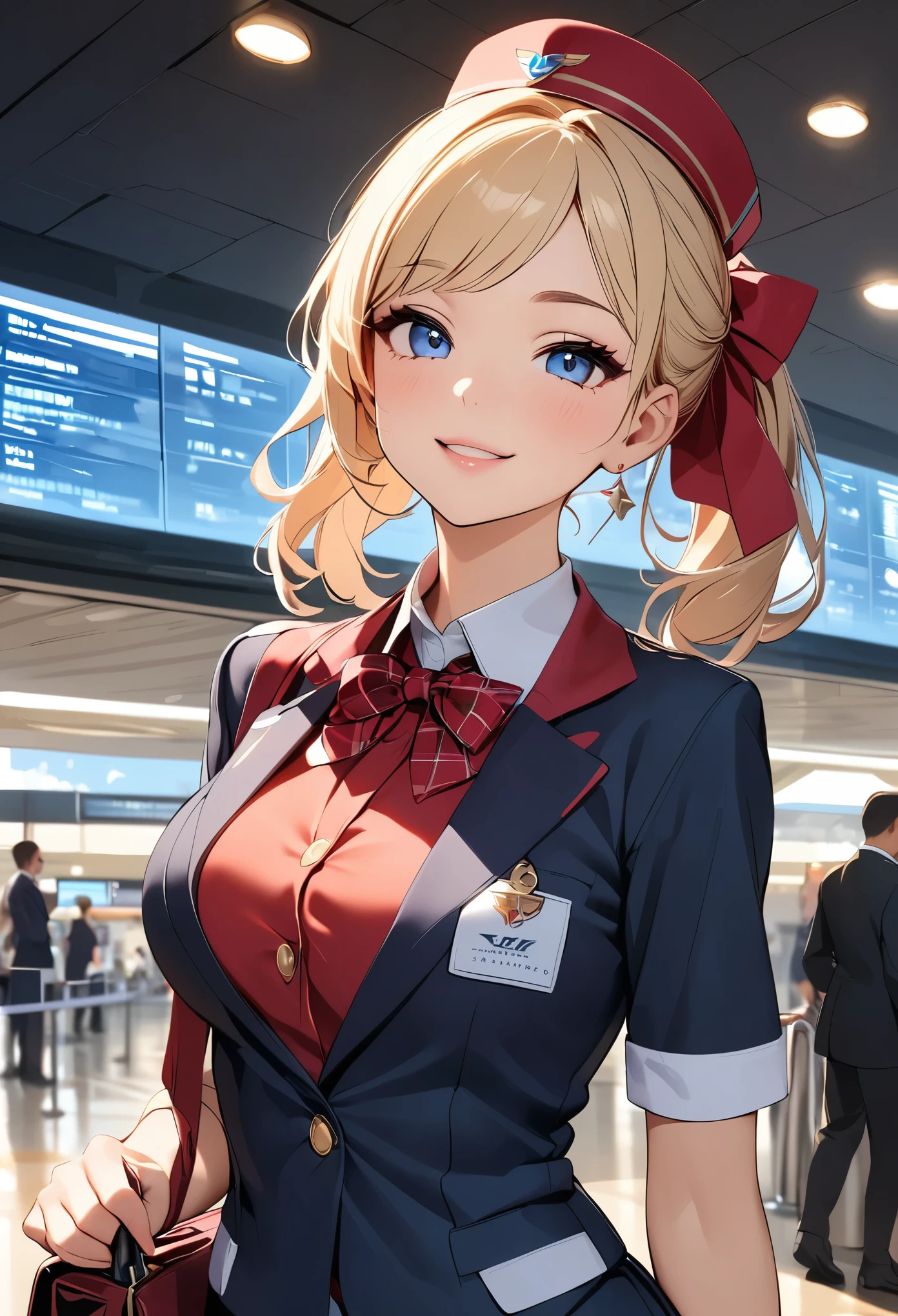 Beautiful flight attendant、Cute female flight attendant、Elegant flight attendant、Detailed face and eyes、Long eyelashes、Beautiful Lips、Cute Smile、Professional uniform、young woman、Detailed fabrics and textures、Indoor airport environment、Soft lighting、Subtle digital art、8k、Highest quality、Detailed Description、Very detailed