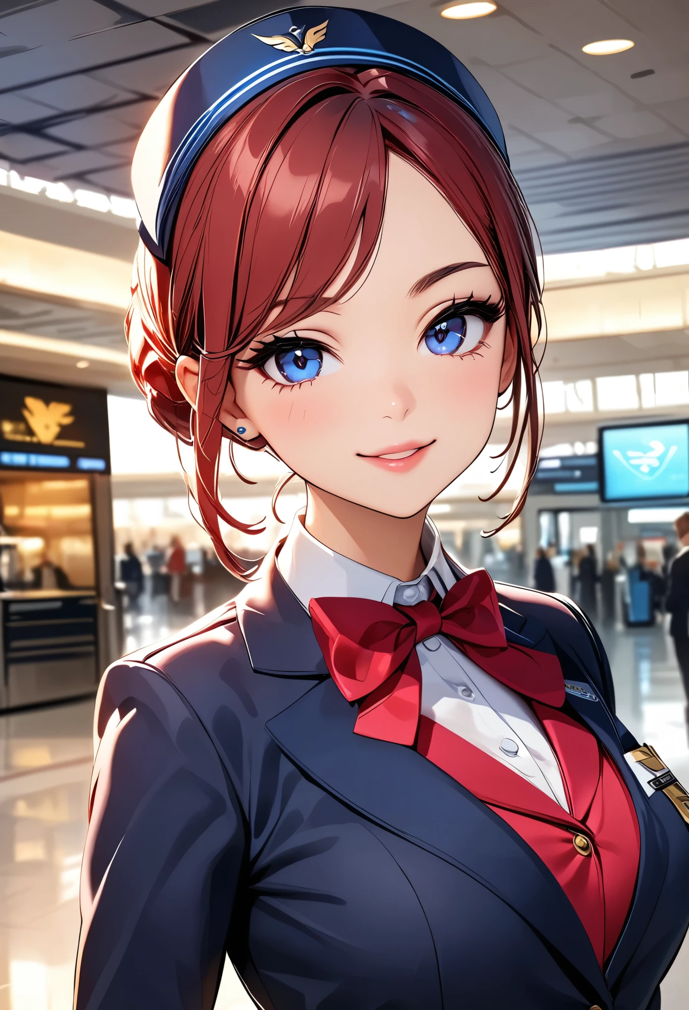 Beautiful flight attendant、Cute female flight attendant、Elegant flight attendant、Detailed face and eyes、Long eyelashes、Beautiful Lips、Cute Smile、Professional uniform、young woman、Detailed fabrics and textures、Indoor airport environment、Soft lighting、Subtle digital art、8k、Highest quality、Detailed Description、Very detailed