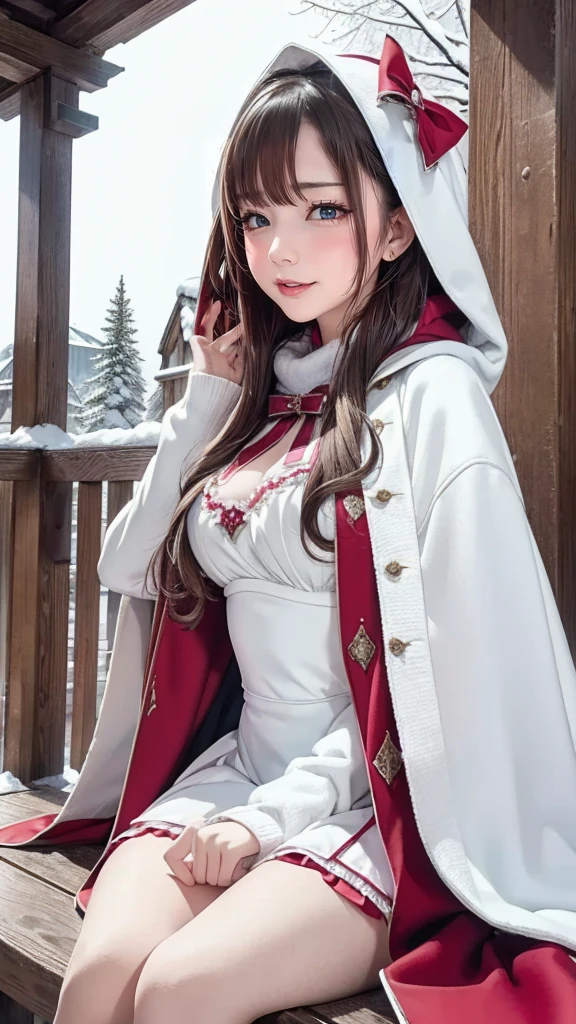 ((Works of masters))，(Ultra-high resolution)，1 girl, Sitting, ****ta costume，cloak (Snow, Outdoor activities in winter:1.2),Outside the castle，8k，Detailed details，mirth，