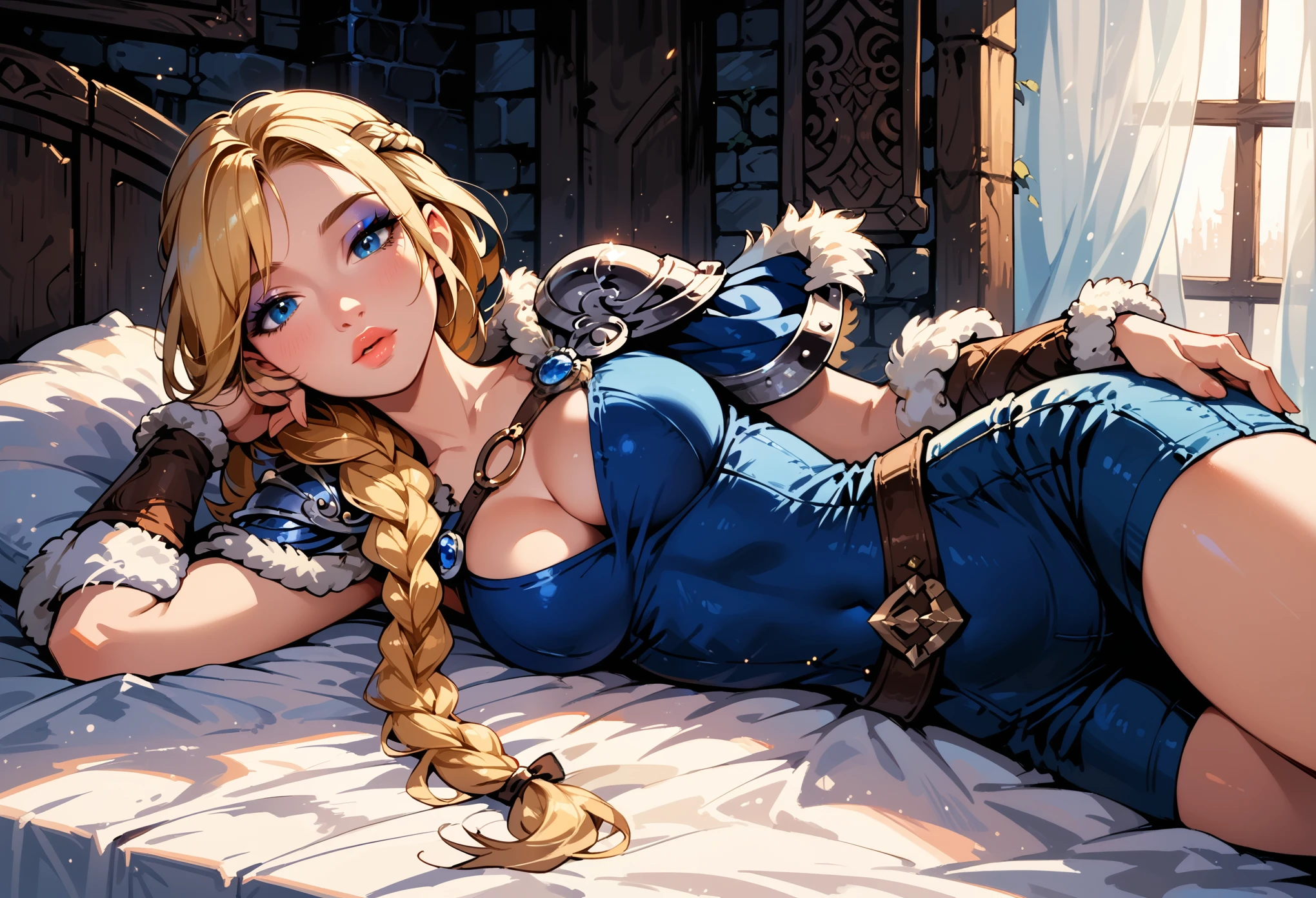 Dark Fantasy Art of score_9, score_8_up, score_7_up, rating_questionable, fantasy, lighting, epiCPhoto 1girl, solo, very sexy (ASTRIDHOFFERSON, blonde hair, braid, Long hair, blue eyes, fur trim, shoulder armor, armor, pauldron, tight shorts:1.2), cleavage, flirt, gaze, sexy look, half-closed eyes, head tilt, filled lips, thick lips, makeup, modelling shoot, in bed, laying, moody, dark fantasy style, (midnight, moonless night:1.1).