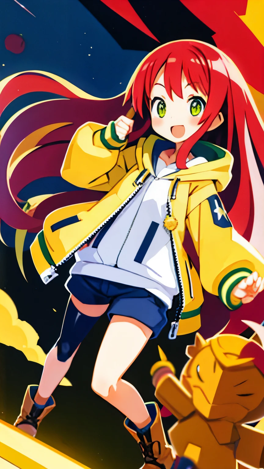 College student, chubby cheeks, smiling, slanted eyes, slightly open mouth, flushed cheeks, smooth bangs, smooth long hair, straight hair, small stray hairs, long sideburns, light red hair, yellow-green eyes, white pupils, slightly pale skin, baggy hoodie, yellow hoodie, green shorts, brown leather boots, navy blue knee-high socks, shoulder bag