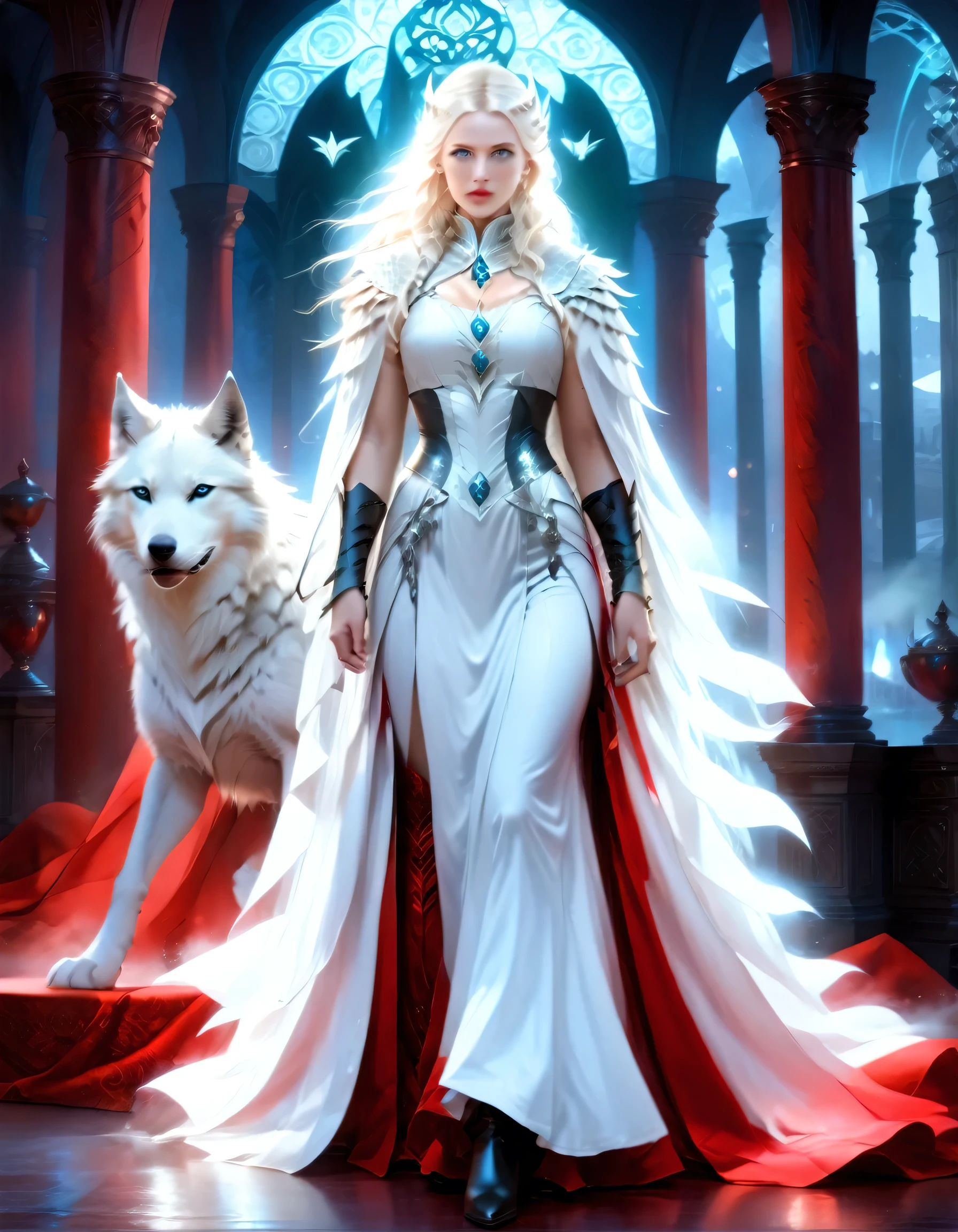 fantasy art, RPG art, ultra wide shot, RAW, photorealistic, a picture of woman and her (white: 1.4) wolf pet, the woman,  an exquisite beautiful human woman, long blond hair, braided hair, green eyes, wearing elegant silk dress, intricate dress,  wearing (red cloak: 1.1), wearing high heeled boots, standing in a fantasy ballroom, an epic ((white)) wolf stands near her, glowing blue eyes, protecting her, fantasy ballroom at night background, best quality, 16k, [ultra detailed], masterpiece, best quality, (ultra detailed), full body, ultra wide shot, photorealism