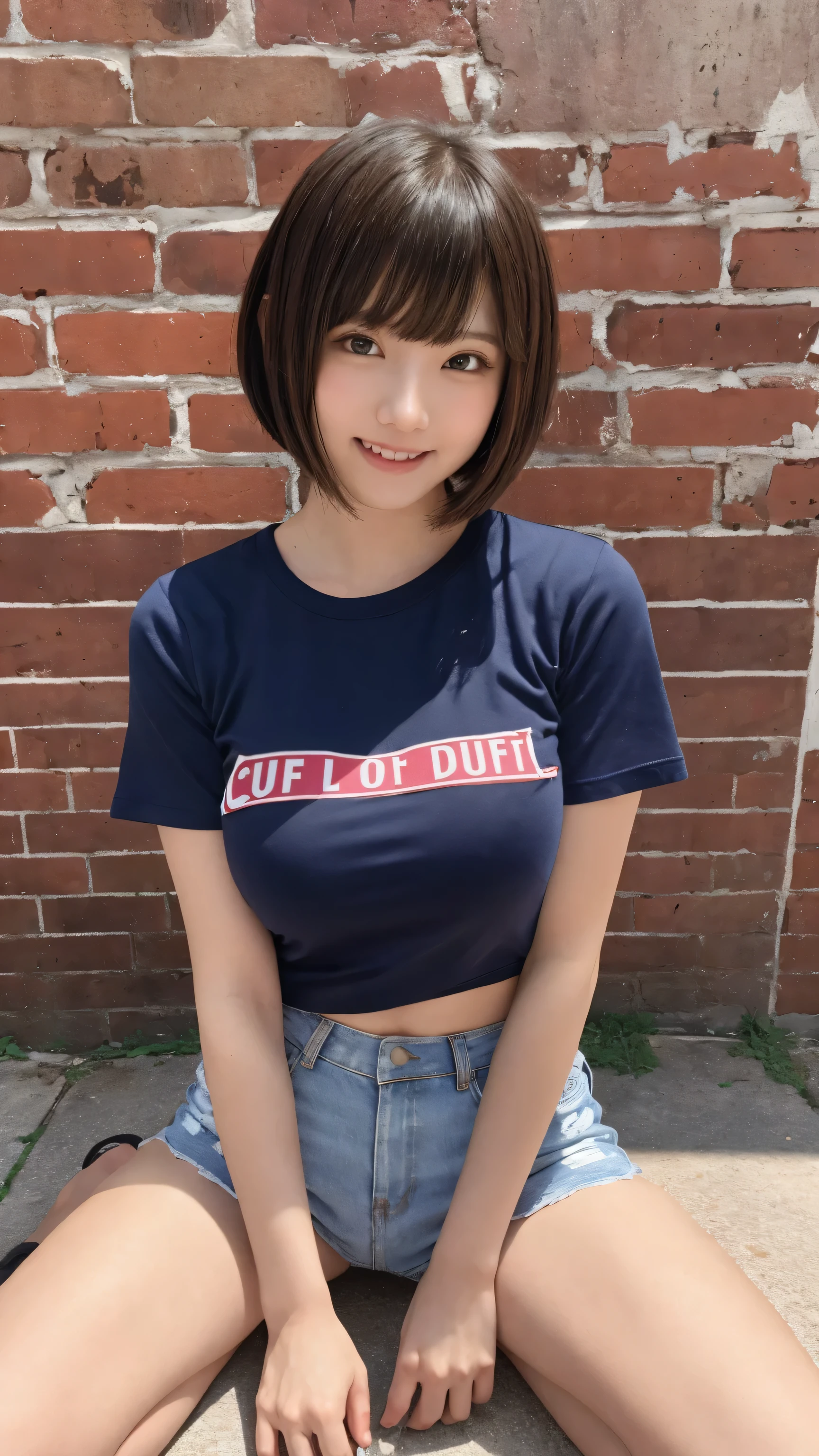 beautiful girl, (cut out, See-through clothes Bust:1.3, Transparent T-shirt:1.3, Low-rise hot pants:1.3), (16 years:1.3), break, (old brick WALL background), break, Shy laugh, Baby Face, Very beautiful eyes, (Symmetrical eyes:1.3), break, (D cup breasts:1.2), Brown eyes, Parted bangs, Brown bob cut hair:1.3, Round face, cute, break, (Eye and facial details:1.0), Spread your legs:1.3, Shooting from below, Pussy Line, Camel Toe, Looking into the camera, masterpiece, Highest quality, RAW Photos, Realistic, cute人々, Written boundary depth, High resolution, Very detailedな, In detail, Very detailed, Very detailed, Sharp pupils, Cinema Lighting, full body shot