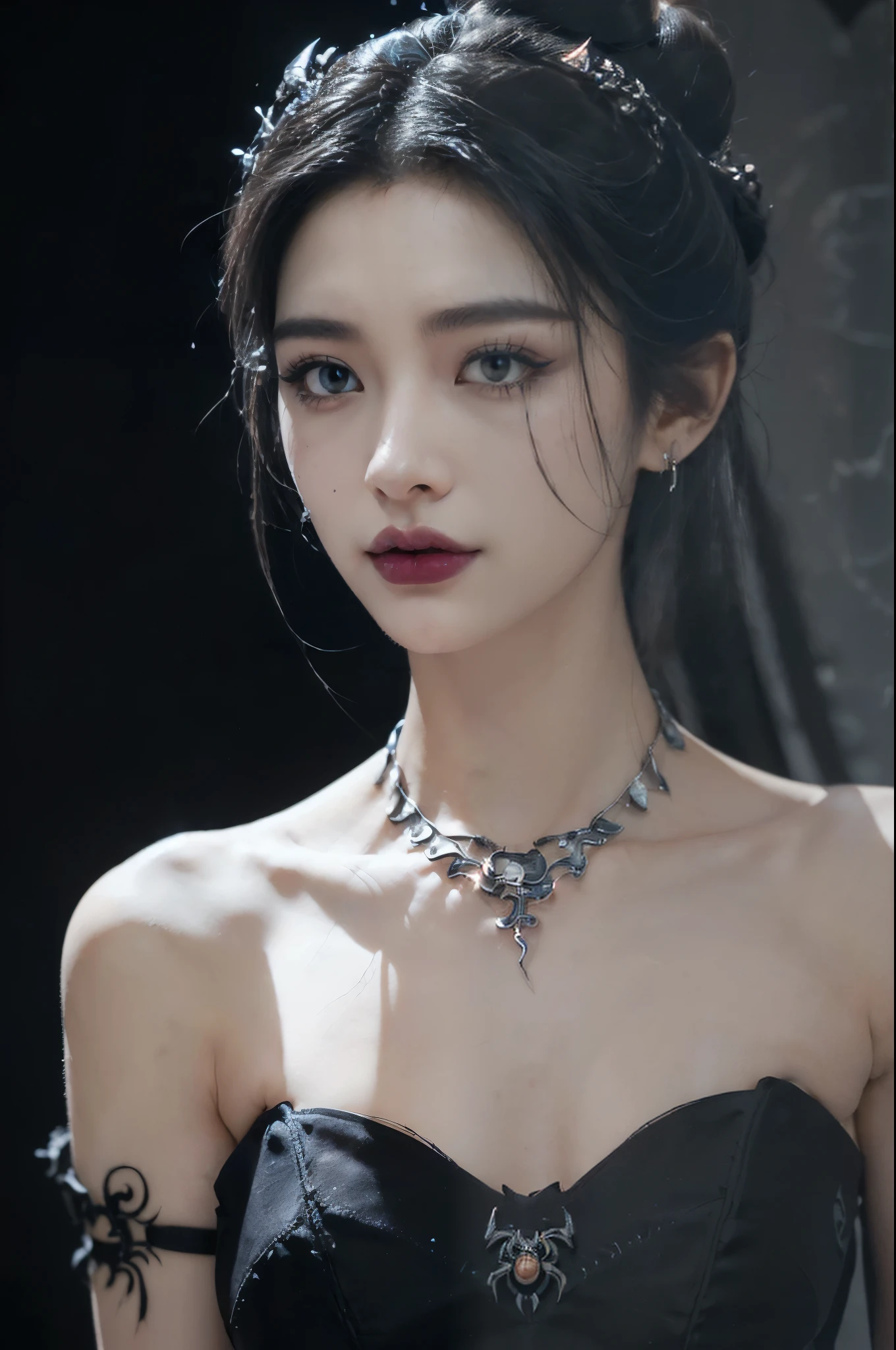 Masterpiece,Game art,The best picture quality,Highest resolution,8K,(Portrait),Unreal Engine 5 rendering works,(Digital Photography),((Portrait Feature:1.5)),
20 year old girl,Short hair details,With long bangs,(The red eye makeup is very meticulous),(With long gray hair:1.4),(Large, full breasts),Elegant and noble,Brave and charming,
(Future armor combined with the characteristics of ancient Chinese armor,Hollow design,Power Armor,The mysterious Eastern runes,A delicate dress pattern,A flash of magic),Warrior of the future,Cyberpunk figures,Background of war,
Movie lights,Ray tracing,Game CG,((3D Unreal Engine)),OC rendering reflection pattern