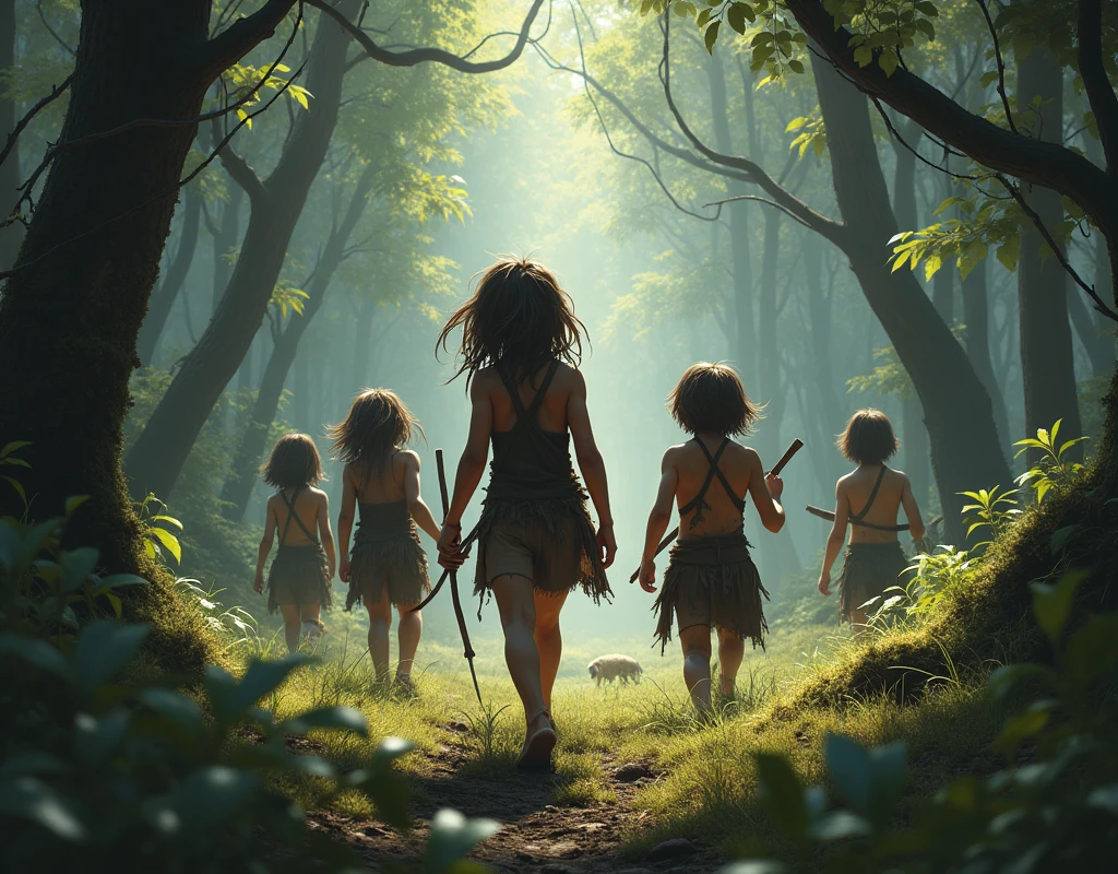 Photorealism 1.3 realistic realism high detailed high definition clear natives kids play around hide and seek in the jungle covered with leaf dramatic cinematography cinematic view morning mode sunlight silhouette