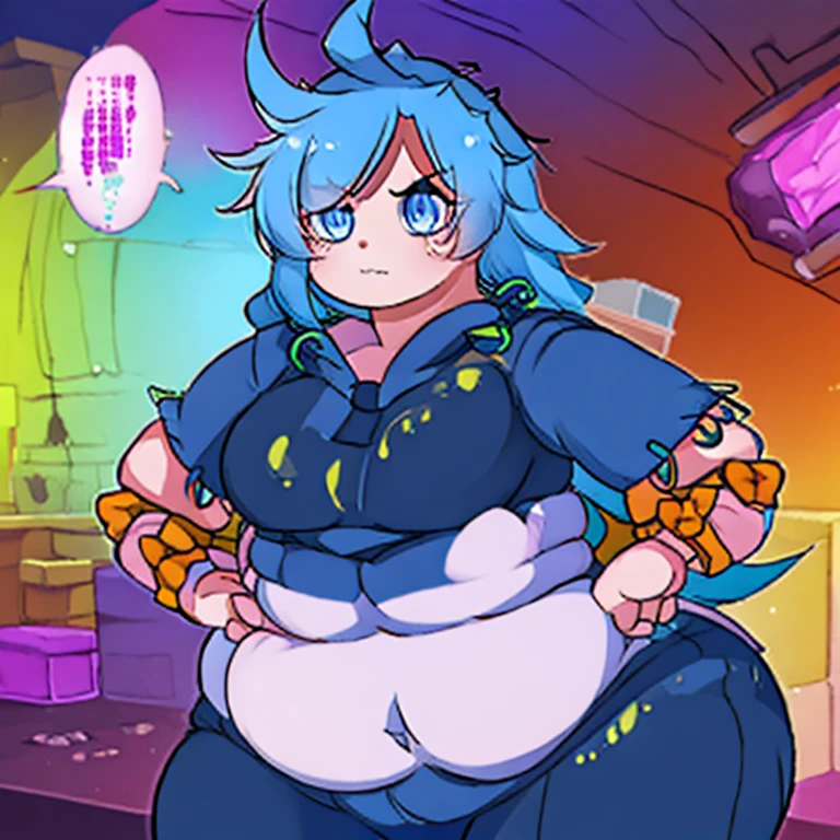 ((best quality, 4k, 8k, anime girl)), (((ssbbw))), (((ussbbw))), ((chubby)), ((very obese)), (((extremely tight suit))), (((beautiful extremely detailed face))), ((beautiful eyes)), cinematic lighting, realistic anatomy, large breasts, extremely thick thighs, (((big belly))), ((tanned skin)), intimidating pose, ((tight jeans)), detailed background, ((neon lights)), ((inside a minecraft cave)), kawaii, glowing hair, (1girl,long hair,blue hair,messy hair,ahoge,blue eyes,jewelry, ring,arm ribbon,orange bow,short sleeves),