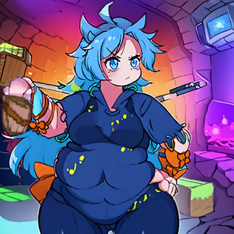 ((best quality, 4k, 8k, anime girl)), (((ssbbw))), (((ussbbw))), ((chubby)), ((very obese)), (((extremely tight suit))), (((beautiful extremely detailed face))), ((beautiful eyes)), cinematic lighting, realistic anatomy, large breasts, extremely thick thighs, (((big belly))), ((tanned skin)), intimidating pose, ((tight jeans)), detailed background, ((neon lights)), ((inside a minecraft cave)), kawaii, glowing hair, (1girl,long hair,blue hair,messy hair,ahoge,blue eyes,jewelry, ring,arm ribbon,orange bow,short sleeves),