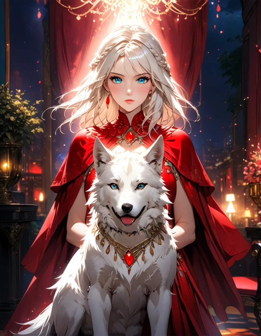 fantasy art, RPG art, ultra wide shot, RAW, photorealistic, a picture of woman and her (white: 1.4) wolf pet, the woman,  an exquisite beautiful human woman, long blond hair, braided hair, green eyes, wearing elegant silk dress, intricate dress,  wearing (red cloak: 1.1), wearing high heeled boots, standing in a fantasy ballroom, an epic ((white)) wolf stands near her, glowing blue eyes, protecting her, fantasy ballroom at night background, best quality, 16k, [ultra detailed], masterpiece, best quality, (ultra detailed), full body, ultra wide shot, photorealism