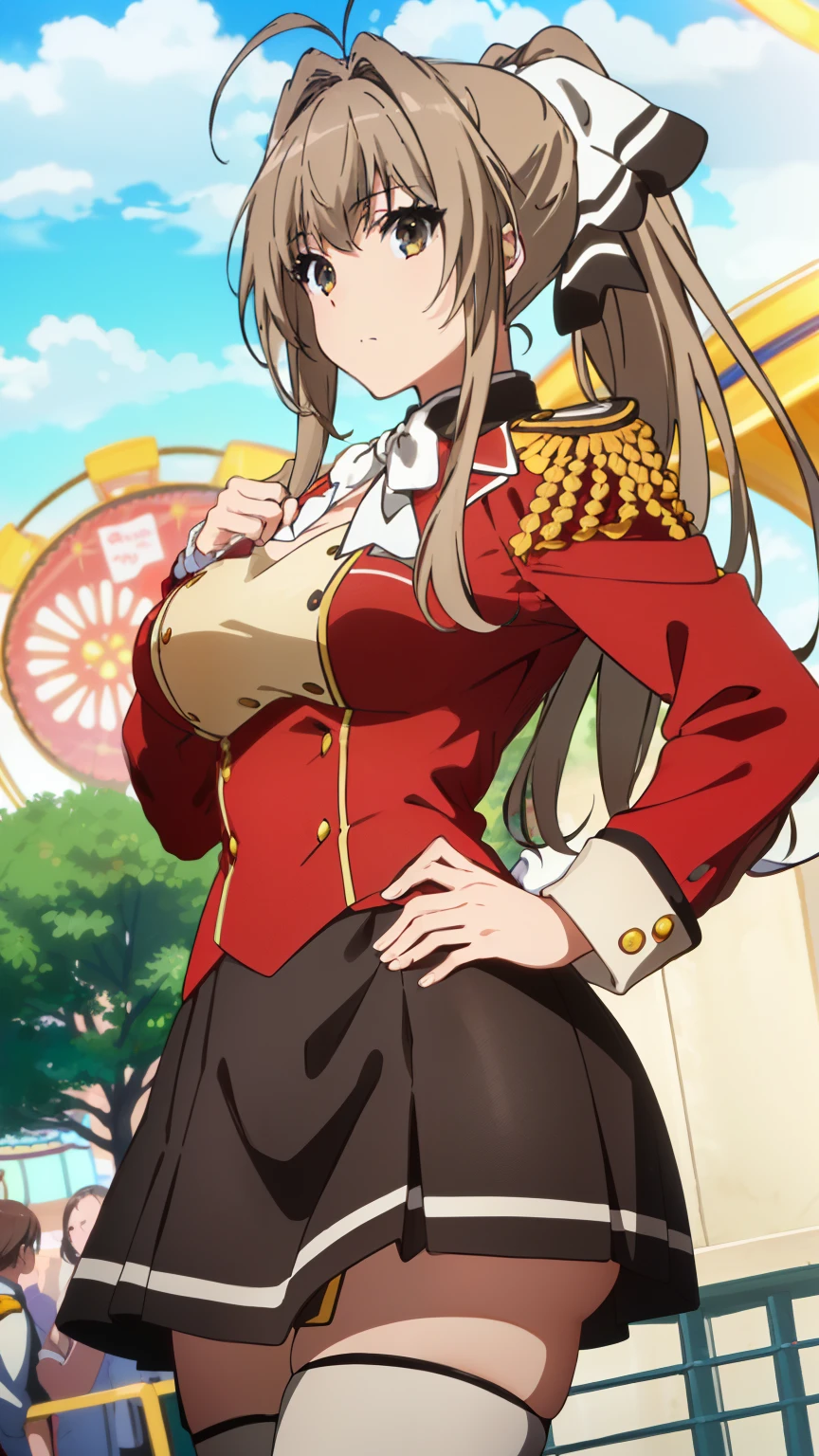(masterpiece, best quality, high resolution, 8k:1.2), Anime coloring, Kyoto Animation, very detailed, beautiful eyes, perfect eyes, detailed eyes, feature large highlight, detailed face, ultra-detailed, 1 girl, alone, Sento Isuzu,brown hair, long hair, antenna hair, ponytail, brown eyes, (large medium breasts:0.8), (SentoUniform, red jacket, epaulettes, white bow, black skirt, white thighhighs, amusement park), stylish pose,looking at the viewer,in the center of the image, (beautiful_chest:1.1), (beautiful_face:1.2), (beautiful_ waist:1.2), cowboy shot, dutch angle,