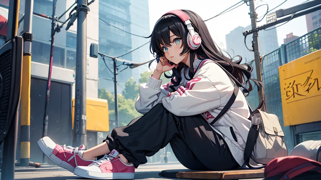 Young woman sitting listening to music with headphones, colorful shoes, wide pants, sports shoes, curly black hair, big eyes, anime style.