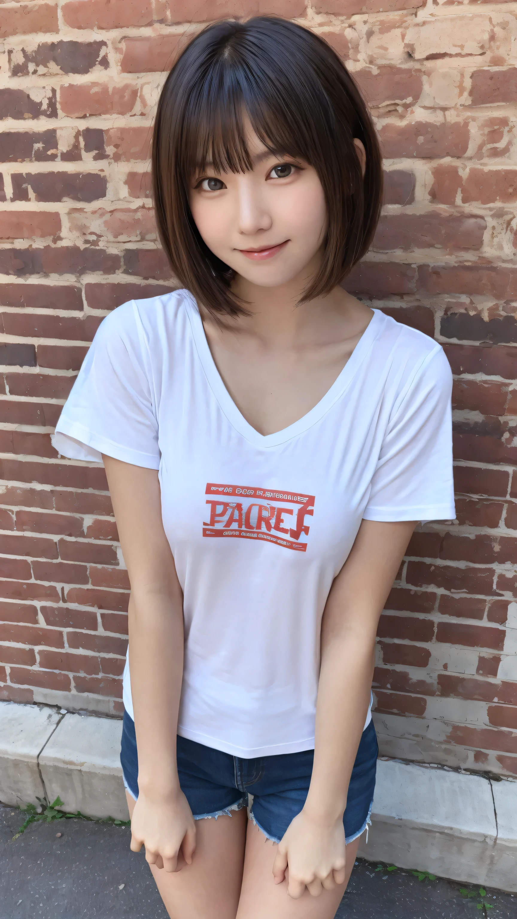 beautiful girl, (cut out, See-through clothes Bust:1.3, Transparent T-shirt:1.3, Low-rise hot pants:1.3), (:1.3), break, (old brick WALL background), break, Shy laugh, Baby Faceautiful eyes, (Symmetrical eyes:1.3), break, (D cup breasts:1.2), Brown eyes, Parted bangs, Brown bob cut hair:1.3, Round face, cute, break, (Eye and facial details:1.0), Spread legs:1.3, Shooting from below, Pussy Line, Camel Toe, Looking into the camera, masterpiece, Highest quality, RAW Photos, Realistic, cute人々, Written boundary depth, High resolution, Very detailedな, In detail, Very detailed, Very detailed, Sharp pupils, Cinema Lighting, full body shot