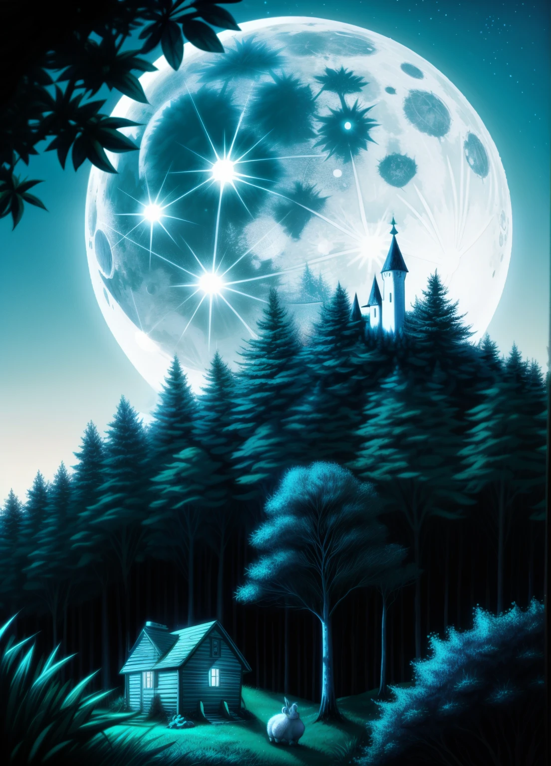 enchanted forest, the full moon rises from behind the hills, the bunnies and hedgehogs sit and watch the moon