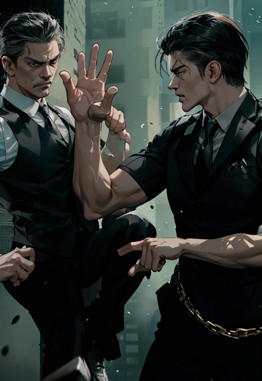 Two men wearing black vests and ties are fighting, Scenes from live-action movies, action scene from the film, in the style of sifu 🔥 😎 🕹️ 👀 :2, Movie action stills, Still from live-action movies, Like Andy Lau, Great scenes from the movie, Movie Promotional Image, fighting scene, action movie,Raise your legs