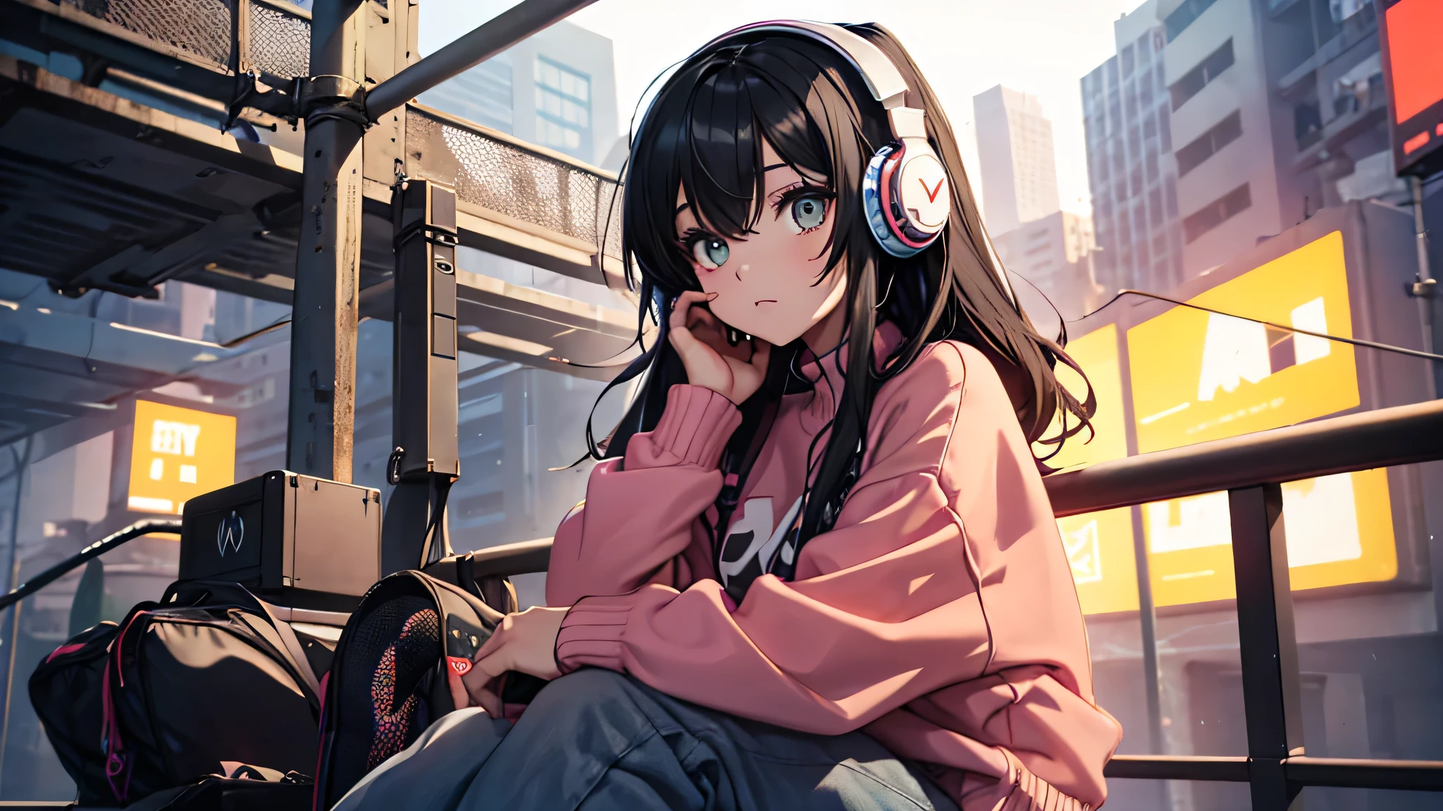 Young woman sitting listening to music with headphones, colorful sweater, wide pants, sports shoes, funny black hair, big eyes, cyber punk