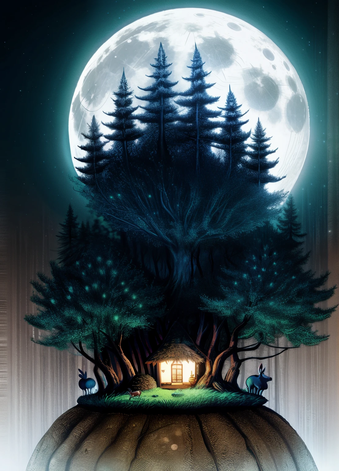 enchanted forest, the full moon rises from behind the hills, the bunnies and hedgehogs sit and watch the moon