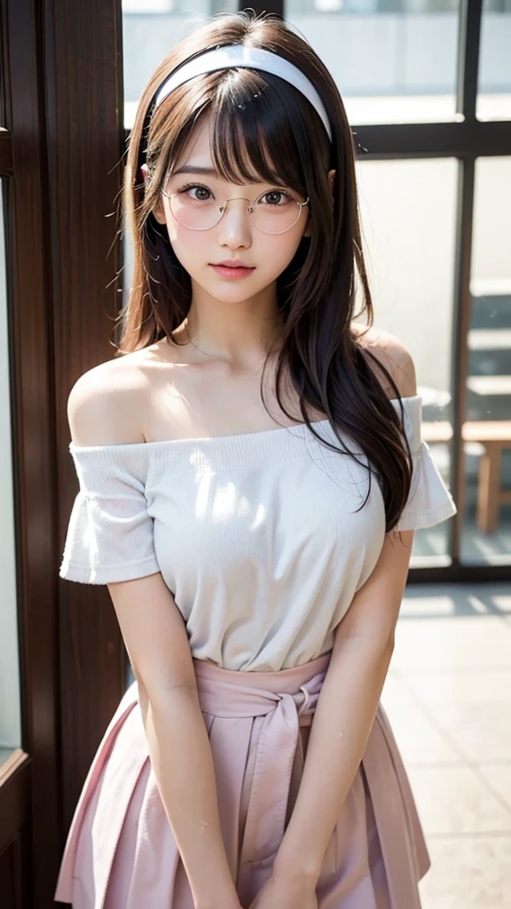 Beautiful young Margaret Qualley, The Last of Us, Game, glasses, white shirt, tight shirt, horizontal striped shirt, wearing nice top, low neckline, wearing simple tight clothes, short shorts, dark tights, hyperrealistic, 14 years old, model's body, small breasts, beautiful breasts, long hair, layered hairstyle, blonde hair, long legs, 8k, in front of the lake, cherry blossom, sunlight, led lighting, blood on the wall, pool of blood, full of human remains, detailed reflection, anime style, smiling