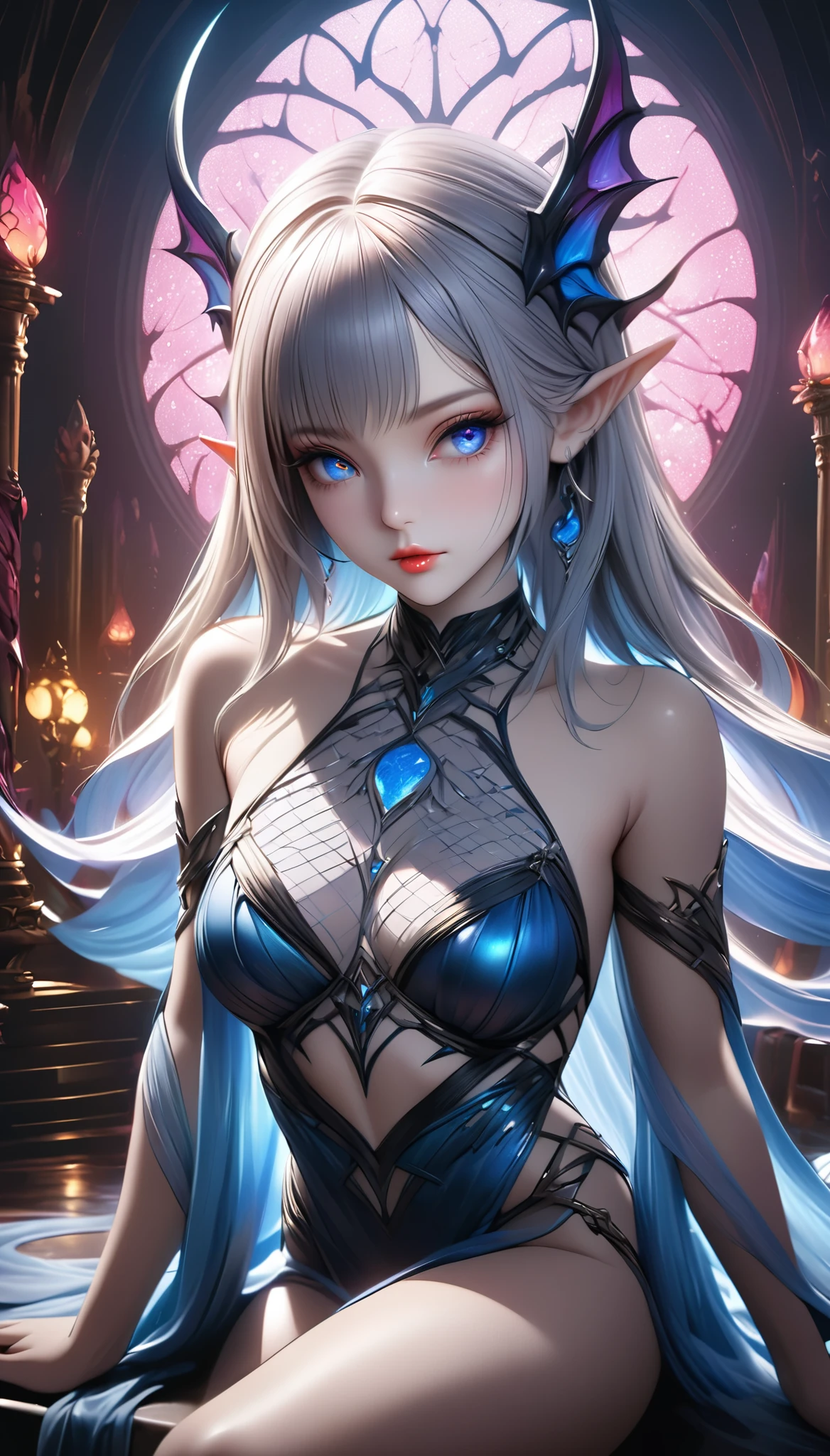 Detailed textures, high quality, high resolution, high accuracy, realism, color correction, correct lighting settings, harmonious composition. cover of the art book "Harlequin dreamer" black elf girl, in an elf costume on a futuristic background, 1 girl, chest, black hair, dark skin, black hunter costume, elf ears, mystical beauty, dagger in hand, stern look, parted lips, mystical eyes, jewelry, earrings, solo, cleavage, curvaceous, looks at the viewer, sexy clothes, stands in a mystical forest, fantasy forest, night lights,at night, dark ef, Artoria Custer (third ascension), Magic circle, Circle mantra, fantasy, white hell