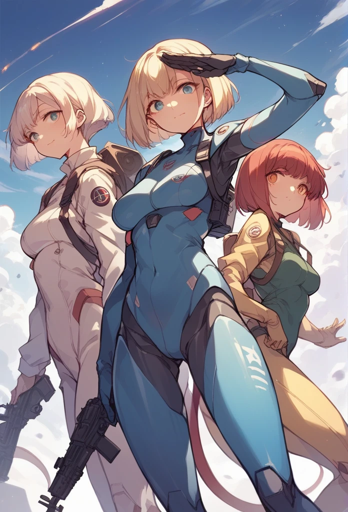 Three Girls、Pilot Suit、Automatic rifle、salute、Land combat robot in the background、Robots are mass-produced、Short girl with bob cut、Twin-tailed Girl、Long Girl

