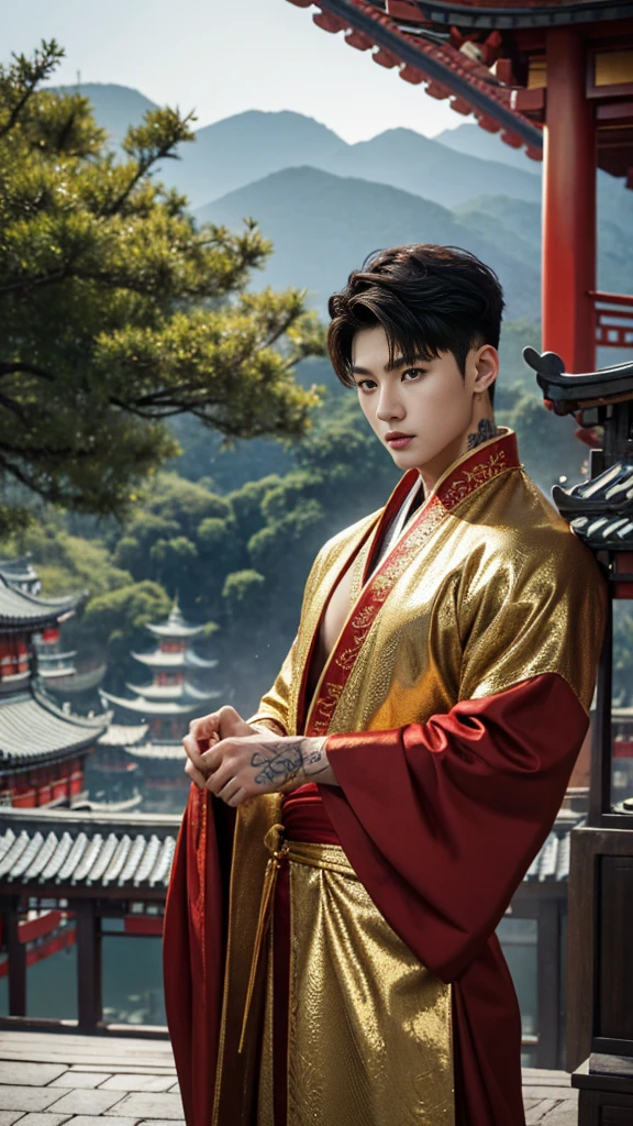 2 Handsome chinese guy kissing, 25 years old,hug, cuddle, touching lips, skin ship, romantic,  Asian, chinese hansome actor, kpop idol, handsome male model,manly, master work, best picture quality, higher quality, high detail, super high resolution, 8k resolution, perfect eyes, perfect skin, manly jawline, manly chin, perfect hands, big muscles,  bare chest, tattoos chest, tattoo hands, tattoo arms,  glowing eyes, short hair, hair details, detailed background , open Hanfu transparent tulle jacket, ((red and golden clothes with silver decoration)), super sexy tiny brief, naked, long big erection dick, detailed perfect dick shape, good shape bulg, nice juicy butts, bare butts, Chinese garden background, Chinese kung fu, dragon-themed costumes, monk robes, spinning floating particles, chinese temple in background, looking at viewer
