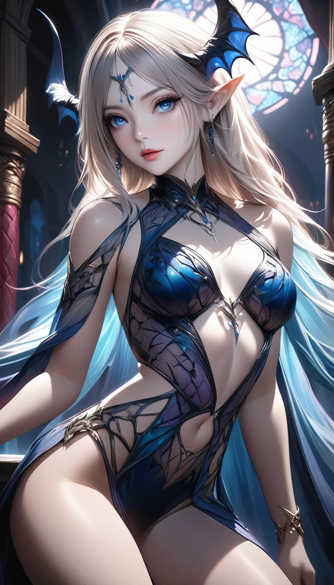 top-quality、Full limbs、complete fingers、Slender beauty、a 25yo woman、straight haired、Brown hair、((Blue Dragon Knight))、Wearing a blue leotard、in fighting、((Poke the enemy with a spear))、Serious face、caves、Open legs