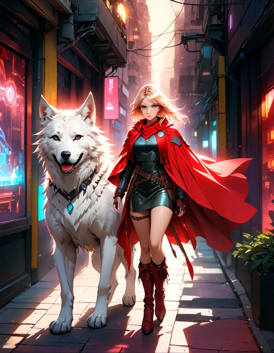 fantasy art, RPG art, ultra wide shot, RAW, photorealistic, a picture of female human ranger and her (white: 1.4) wolf pet, the ranger, an exquisite beautiful human woman, long blond hair, braided hair, green eyes, wearing leather dress, wearing (red cloak: 1.1), wearing high heeled boots, standing in a cyberpunk street at night, an epic ((white)) wolf stands near her, glowing blue eyes, protecting her, cyberpunk street background, best quality, 16k, [ultra detailed], masterpiece, best quality, (ultra detailed), full body, ultra wide shot, photorealism