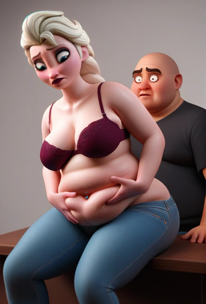 (( 3D, a slim and short Feeder Man,a Feeder Man pinching elsa's cheeks,A Man pinching and  touching Elsa's Belly )) , jeans_pull,Tall ,slim faced Surprised Feedee Elsa, fed by a man, gained weight,  elsa hands resting on belly, wide eyes,Sitting across table fed by a man with sweets,wide sad eyes, literally gained a plump belly, Fat Rolls, pudge, jeans_pull under the hips, unprominent stretch marks,fullbodyimage,Raised Eyebrows, Plump body,navel piercing, poochbelly,sit on the couch,Red closed Lips,sad,jeans button popping,triangle body shaped,wearing a bra, slightly bending over front and looking back,3D