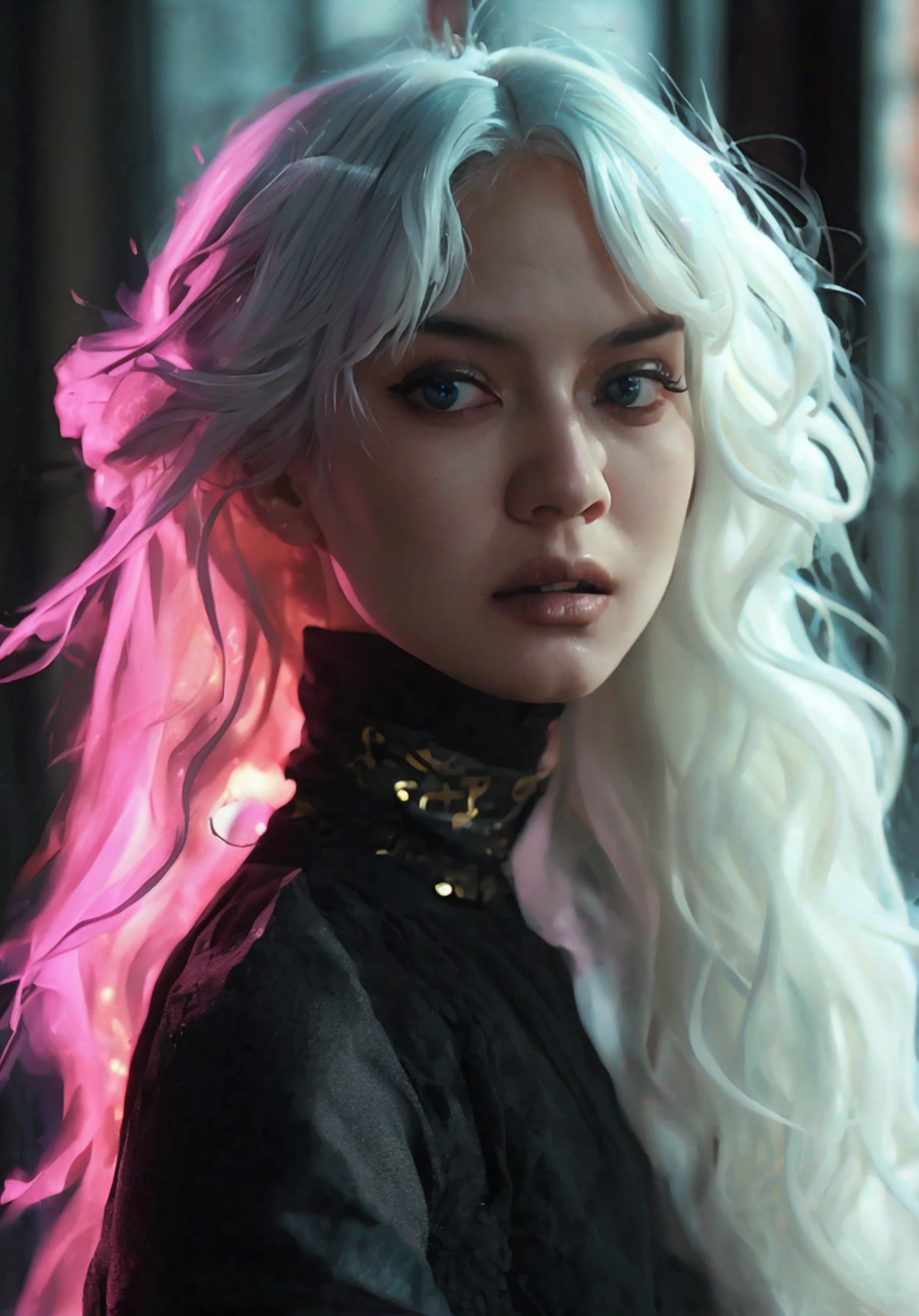 A woman with pastel white hair, black eyes, wearing black ninja clothes, perfect anatomy, realistic, best composition, cinematic lighting, highly detailed, photorealistic, 8k, masterpiece, elegant, graceful, powerful, dynamic pose, moody atmosphere, dramatic shadows, vibrant colors, chiaroscuro, cinematic composition, mesmerizing gaze, striking portrait