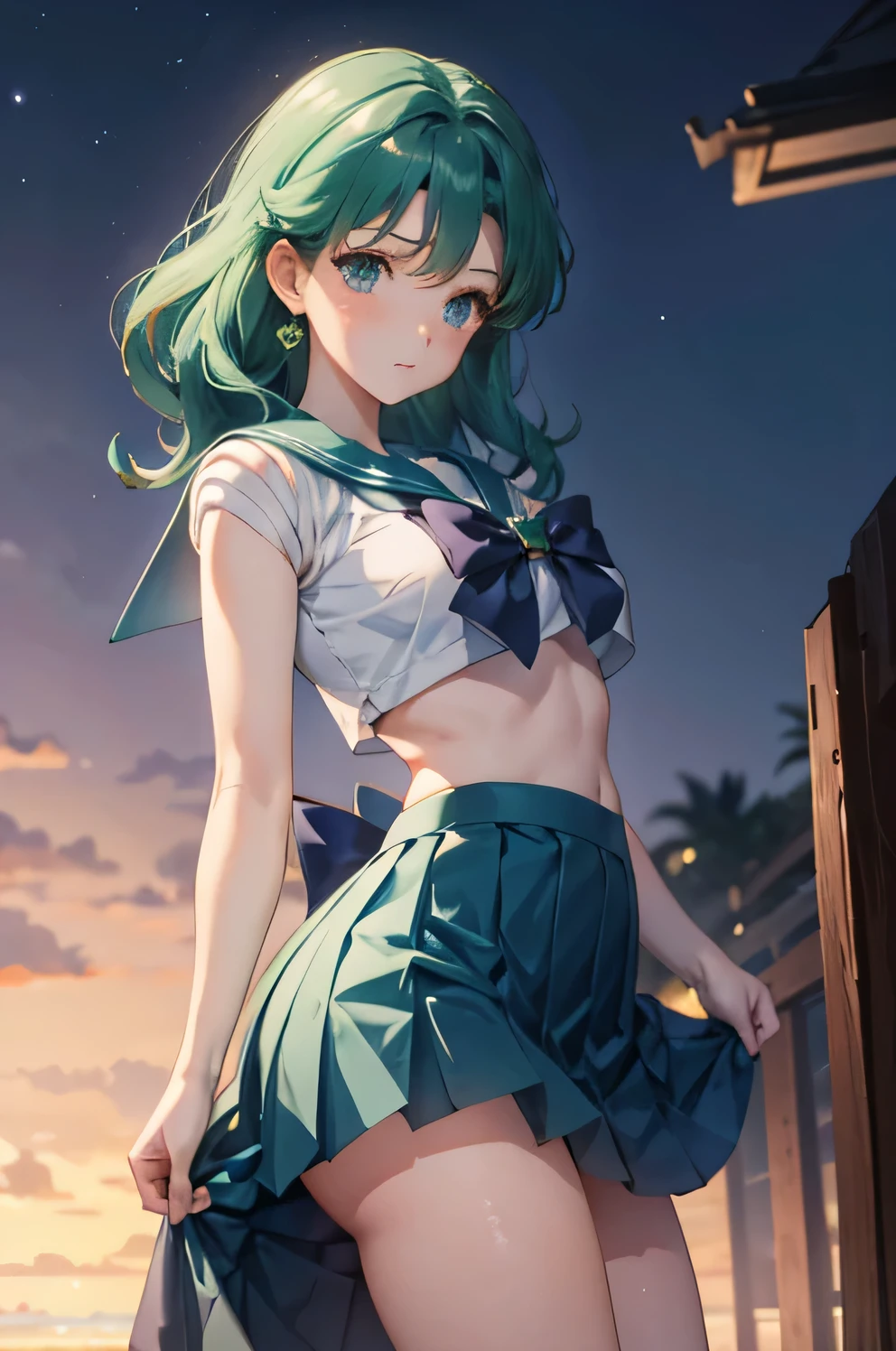 Sailor Neptune, standing, looking at viewer, at dusk, full body shot, curvy, skirt lift1 boy, a boy is grabbing girl’s breasts from behind