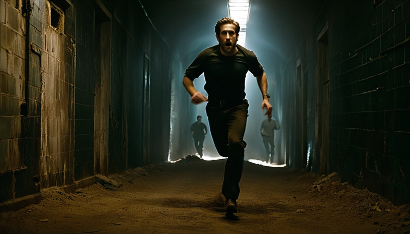 A chaotic, narrow corridor filled with complete darkness, where a group of people is desperately running for their lives. The lead figure (Jake Gyllenhaal) is seen sprinting through the narrow passage, his face filled with determination and panic. Behind him, dim lights flicker erratically, casting unsettling shadows on the walls. The walls of the corridor seem to close in, as though the space is warping, creating a claustrophobic atmosphere. Strange, ghostly shapes or faint silhouettes chase after them from the darkness, barely visible but menacing. The air is filled with tension, as dust and debris float in the dim light, while the characters race toward an unseen exit. The image conveys a sense of urgency, fear, and the looming threat of something monstrous in the darkness.