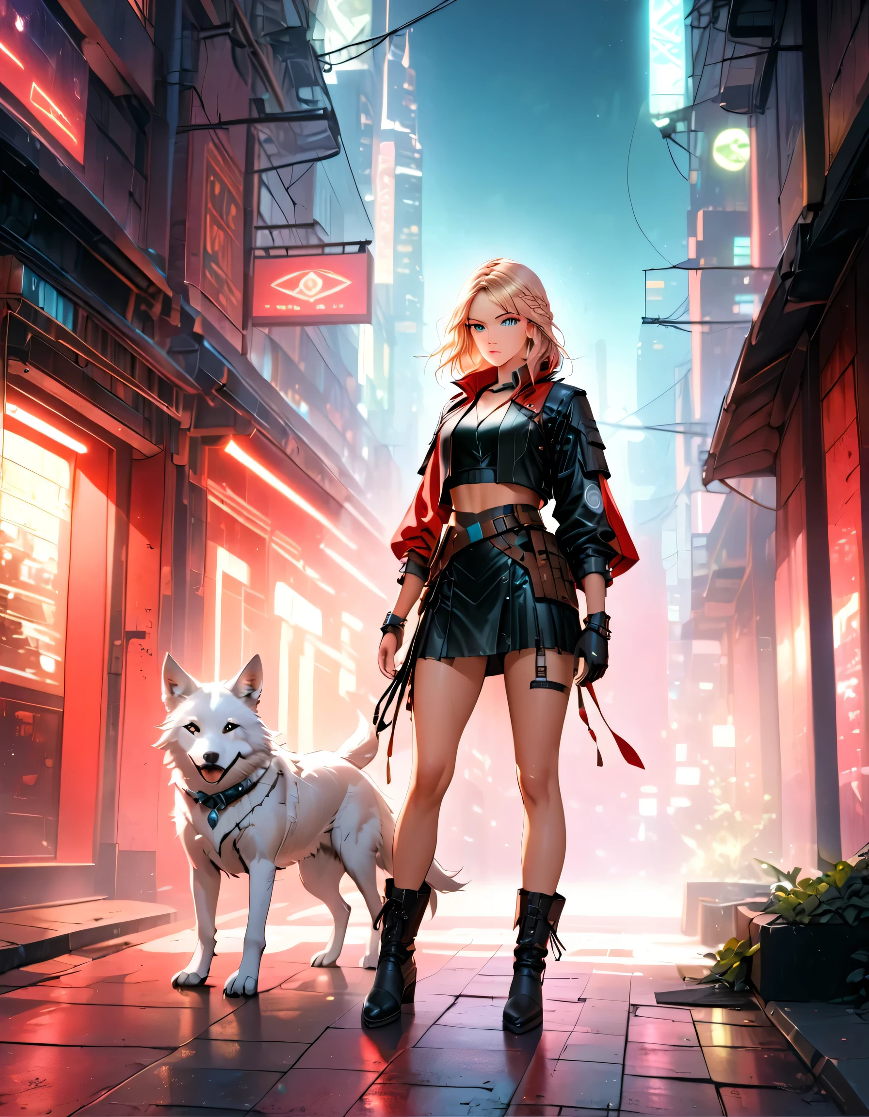 fantasy art, RPG art, ultra wide shot, RAW, photorealistic, a picture of female human ranger and her (white: 1.4) wolf pet, the ranger, an exquisite beautiful human woman, long blond hair, braided hair, green eyes, wearing leather dress, wearing (red cloak: 1.1), wearing high heeled boots, standing in a cyberpunk street at night, an epic ((white)) wolf stands near her, glowing blue eyes, protecting her, cyberpunk street background, best quality, 16k, [ultra detailed], masterpiece, best quality, (ultra detailed), full body, ultra wide shot, photorealism