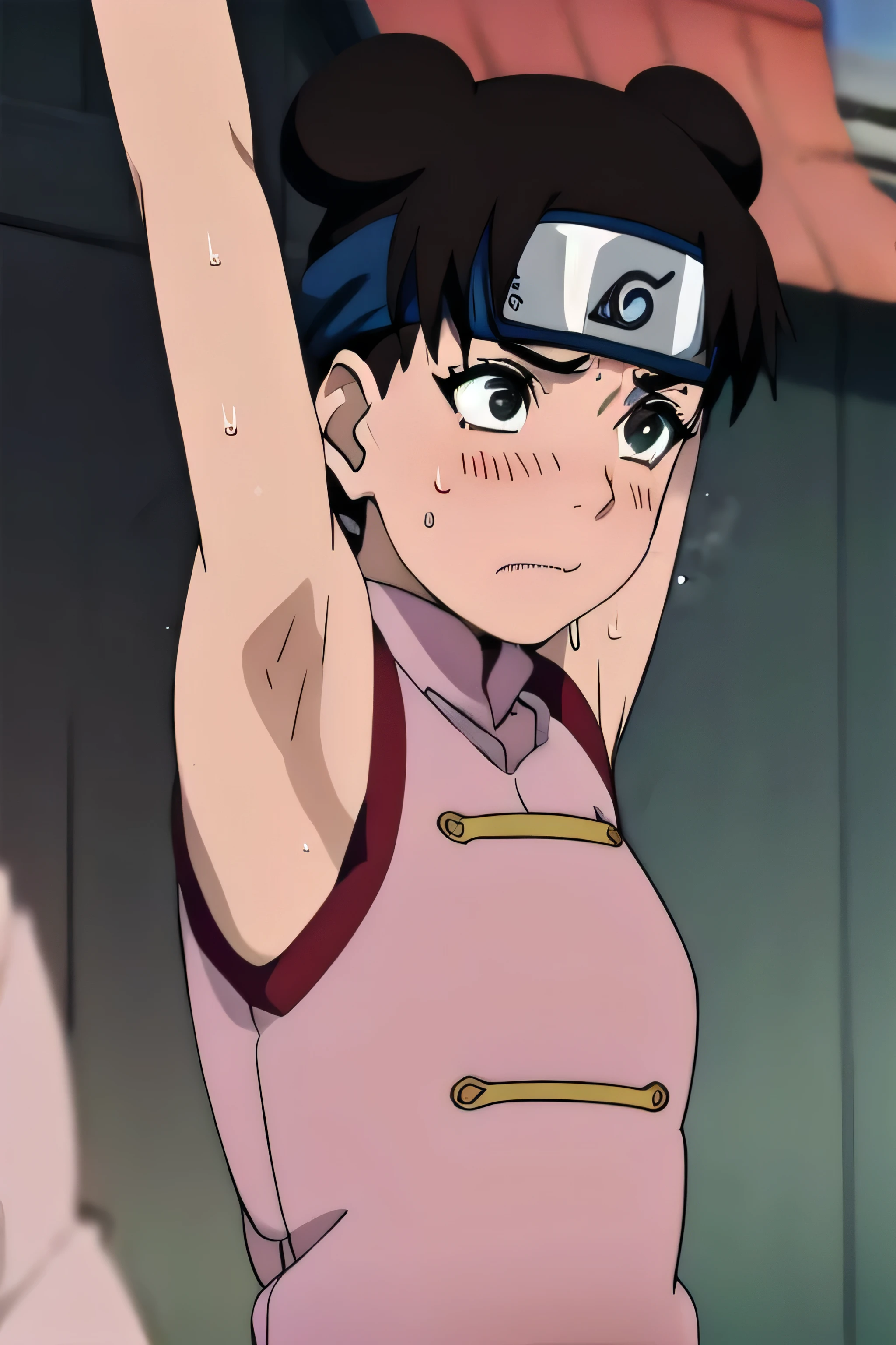 Tenten,solo,armpits,wet armpits, showing wet armpits, armpit,armpits,sweat,sweaty,sweaty armpits,awesome armpits,tired,exhausted,arms up,arm warmers,sleeveless, moderately sized breasts