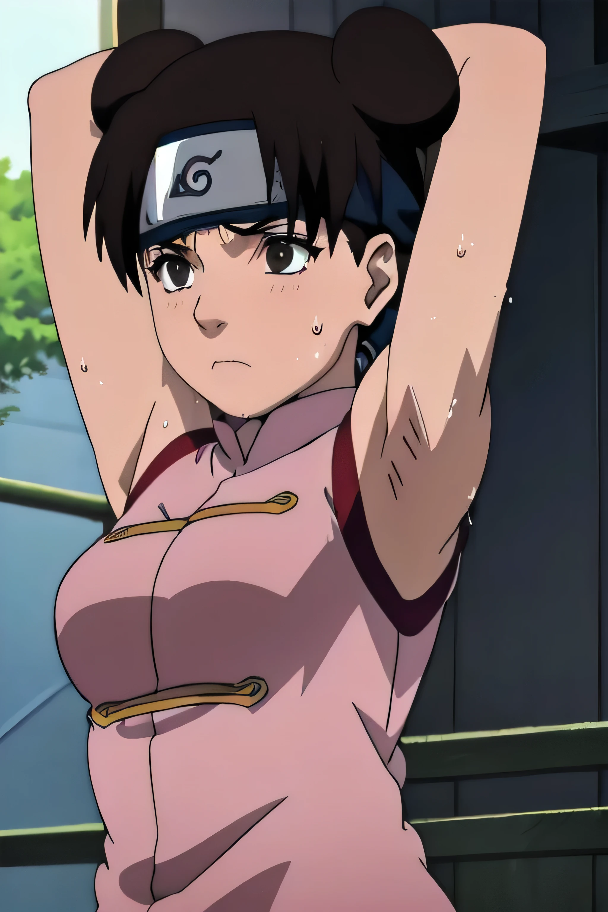 Tenten,solo,armpits,wet armpits, showing wet armpits, armpit,armpits,sweat,sweaty,sweaty armpits,awesome armpits,tired,exhausted,arms up,arm warmers,sleeveless, moderately sized breasts