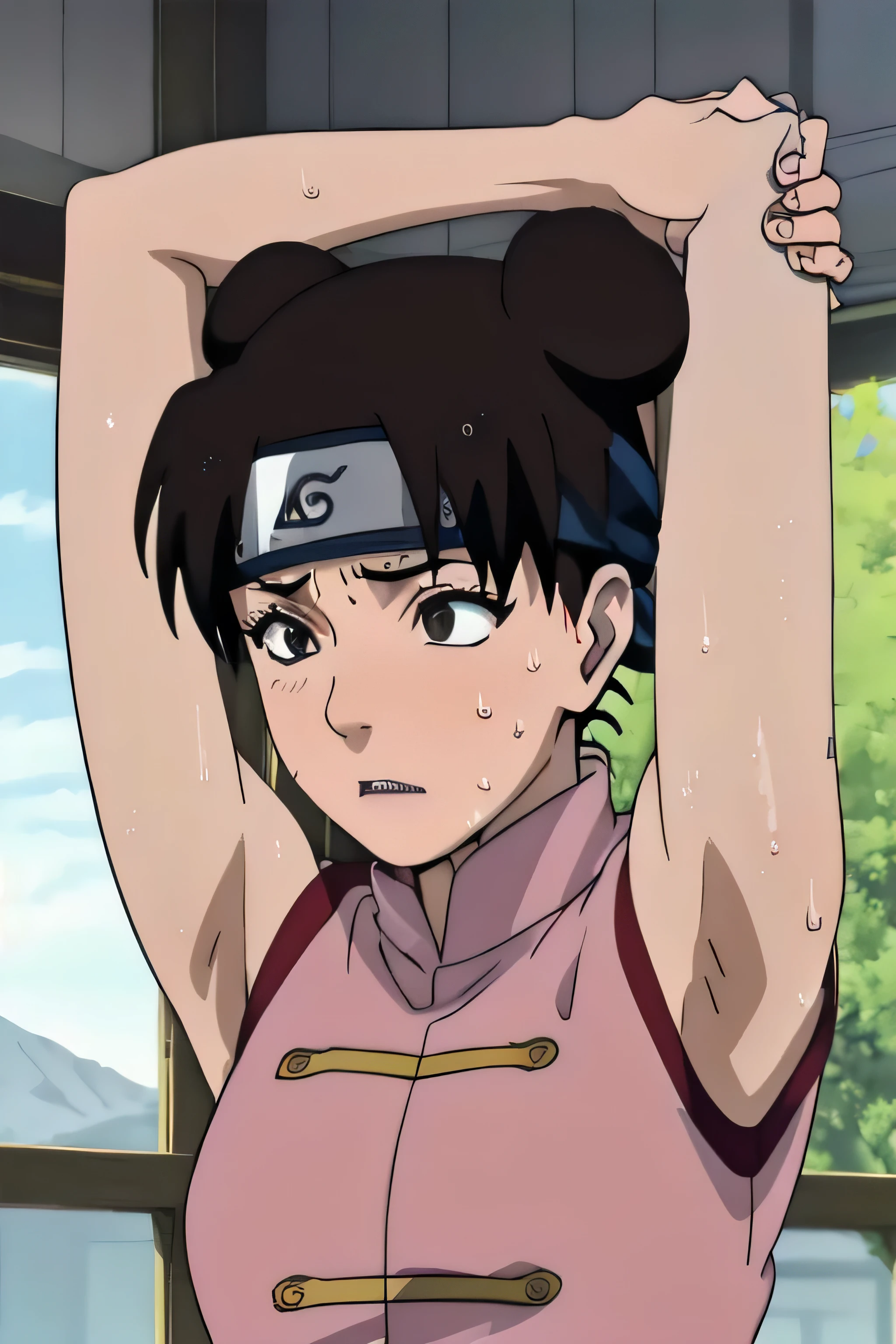 Tenten,solo,armpits,wet armpits, showing wet armpits, armpit,armpits,sweat,sweaty,sweaty armpits,awesome armpits,tired,exhausted,arms up,arm warmers,sleeveless, moderately sized breasts