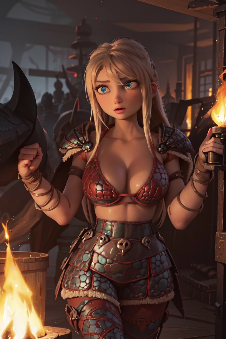 work of art, high qualiy, best qualityer, realisitic, face perfect, expressive eyes, Astrid Hofferson, 1 girl, standing alone, hair blonde, long hair, blue colored eyes, Bikini armors, Breasts huge, v-cut, V long neckline, voluptuous, zetai ryouiki, standing, holding gun, ax, (hand on fist), fire, Burning, embers, Flame, smoke, sparks, (tenebrosa, natta, tenebrosaness:1.3), Depth of field