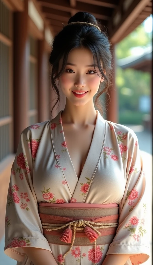 (Highest quality、Tabletop、8k、Best image quality、Award-winning works)、(A beautiful 30-year-old Japanese woman:1.1)、(The proprietress of a luxury inn:1.1)、(Elegant floral kimono:1.2)、(Kimono that shows the chest:1.3)、(Cleavage:1.5)、(Open the chest:1.3)、(Large Breasts:1.2)、(Large Breastsの谷間を露出する:1.3)、Perfect mature woman portrait photo、Glowing Skin、Standing Elegantly、(Blurred elegant luxury hotel background:1.3)、(The most natural and perfect tidy luxury inn background:1.2)、(The most moody and romantic:1.2)、(Tyndall effect:1.1)、Great cinema lighting、(The most atmospheric and warm lighting:1.1)、Glowing White Skin、Very white skin、(Accentuate your body lines:1.1)、(The most graceful posture:1.2)、A perfect smile、Perfect beautiful glossy lips、(Accurate anatomy:1.1)、(A perfect and elegant outfit:1.1)、(Standing with good posture:1.1)、(Face close-up:1.2)、Chignon、Perfect classy makeup、Beautiful glossy lips、Glowing, beautiful, flawless skin、Sexy Japanese beauties