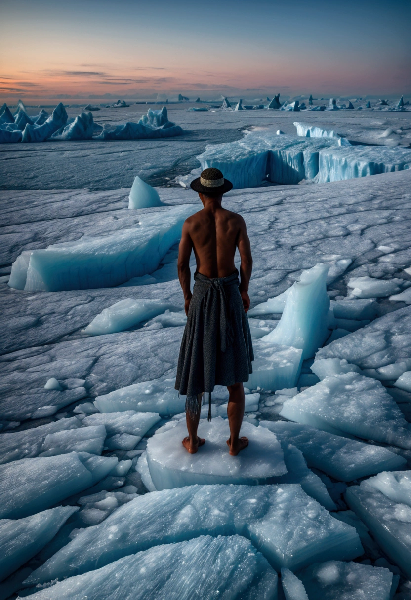 Panoramic view of edge of the world at icy land , smog, beautiful ice glacier patterns, 1 old Malay shirtless fishermen wearing conned pointed straw hat and kain pelikat with fish net at his hand, looking at the edge of the world, blue icy sky, heavy smog, beautiful mesmerizing bright aurora light at the blueish sky, light particles, view from high attitude